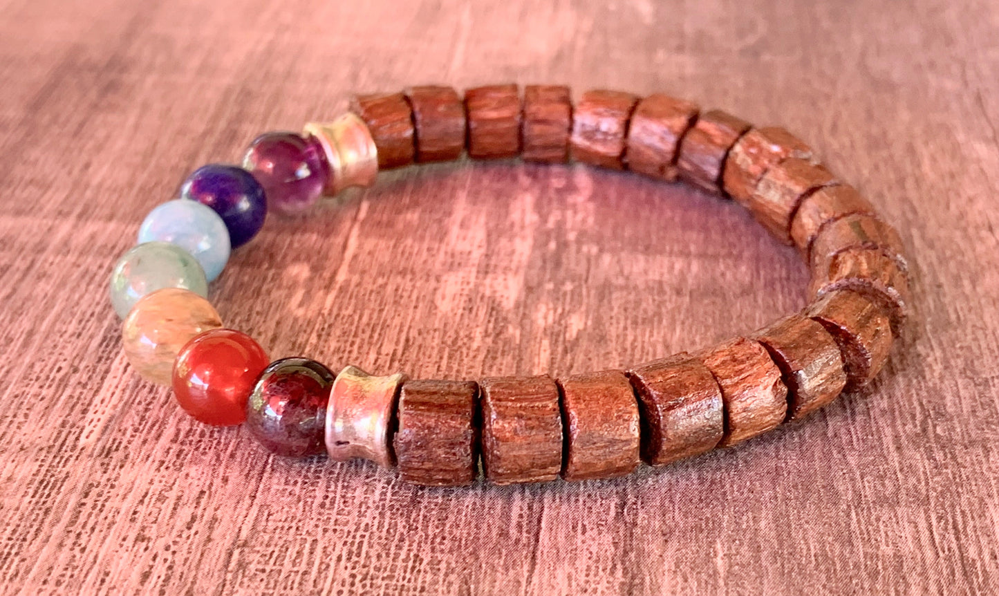 Chakras Handmade Wood and Mixed Rainbow Gemstone Expandable Chakra Bracelet