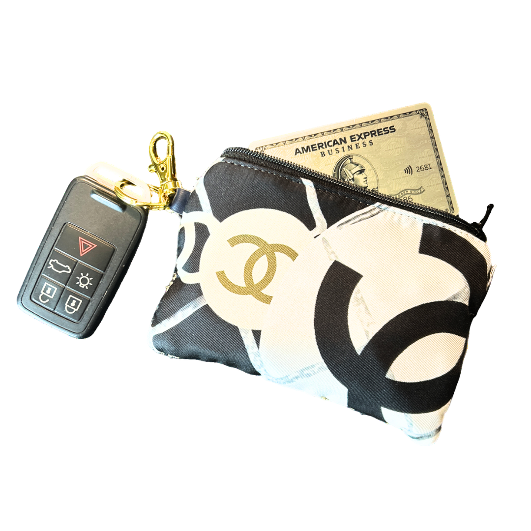 CC Logo Camellia Noir Vintage Silk Scarf Coffee Run Keychain Bag