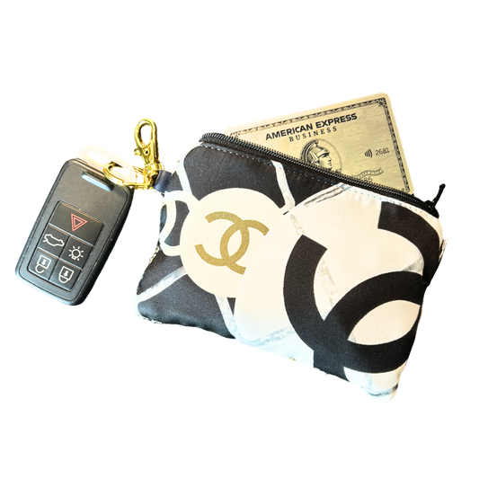 CC Logo Camellia Noir Vintage Silk Scarf Coffee Run Keychain Bag