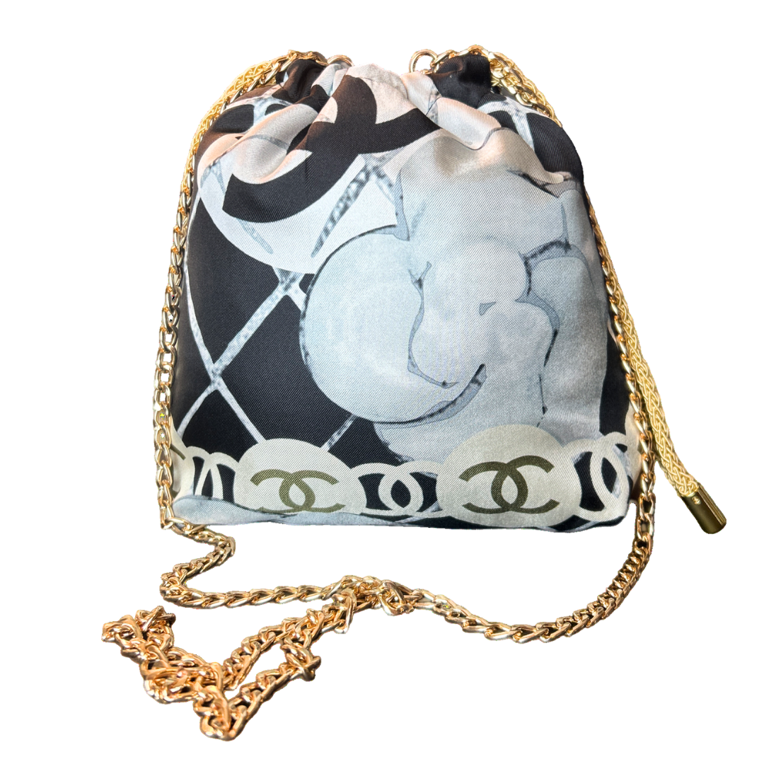 CC Logo Camellia Noir Vintage Scarf Drawstring Crossbody Bag