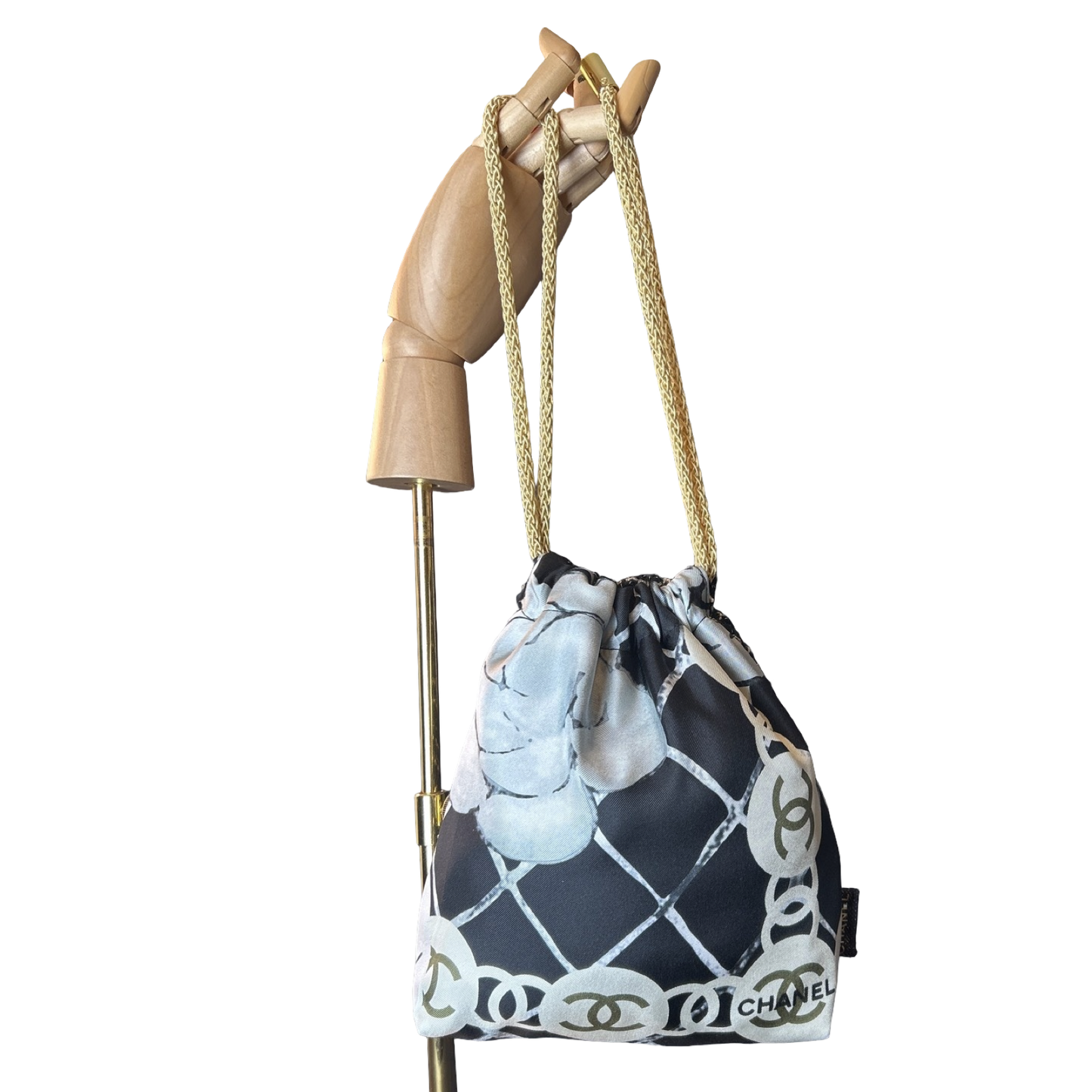 CC Logo Camellia Noir Vintage Scarf Drawstring Crossbody Bag