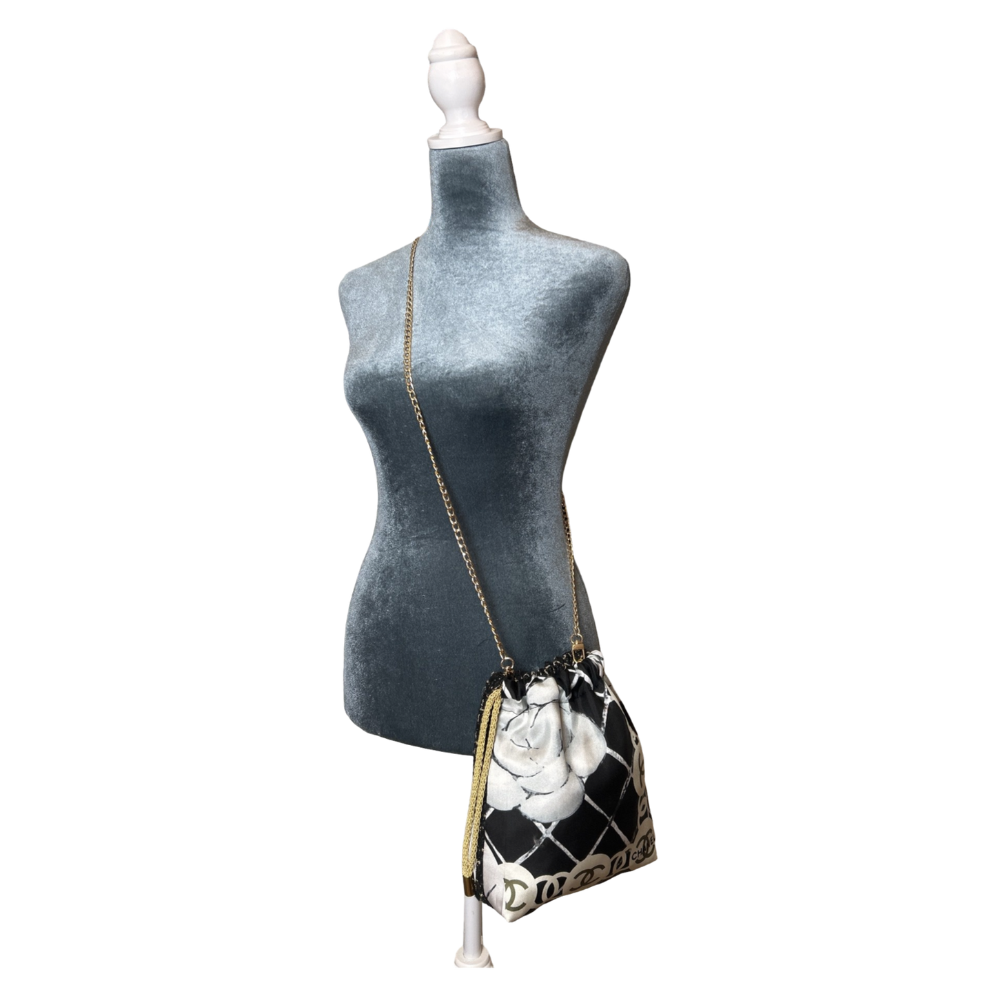 CC Logo Camellia Noir Vintage Scarf Drawstring Crossbody Bag