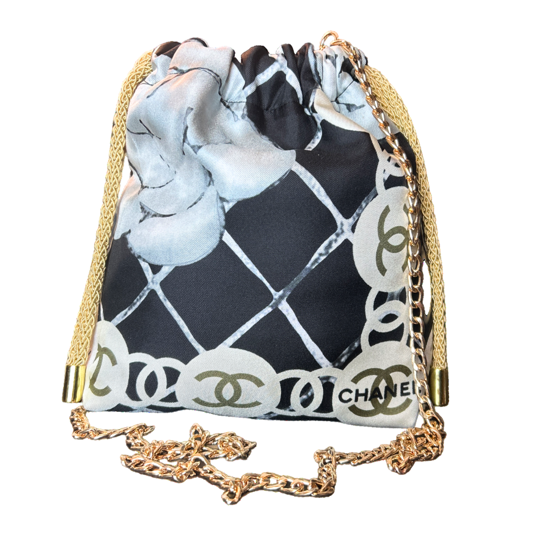 CC Logo Camellia Noir Vintage Scarf Drawstring Crossbody Bag