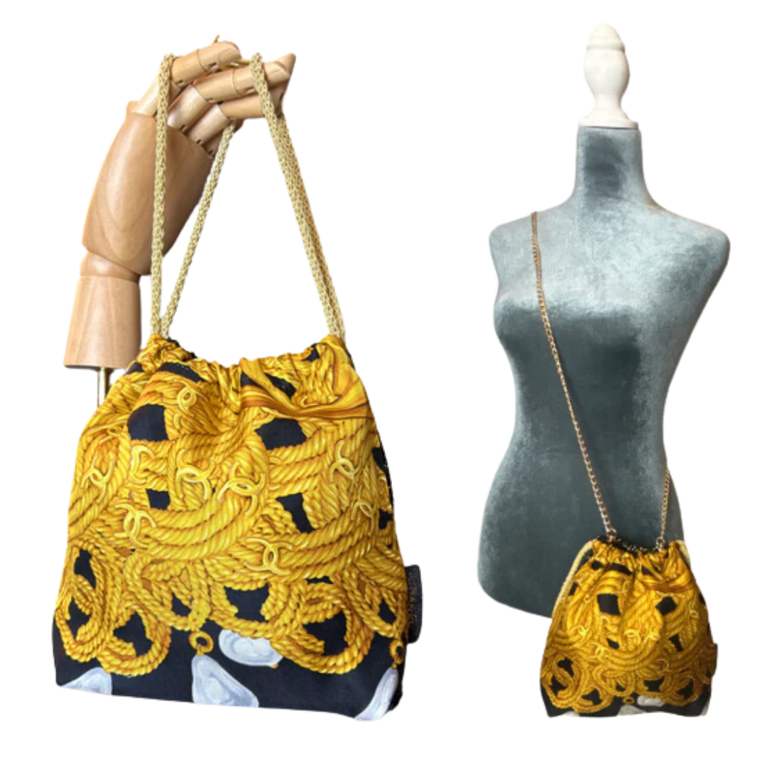 CC Gold Chain Noir Vintage Scarf Drawstring Crossbody Bag
