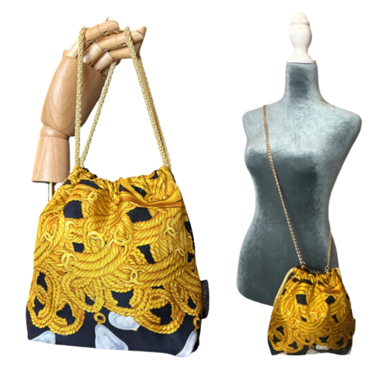 CC Gold Chain Noir Vintage Scarf Drawstring Crossbody Bag