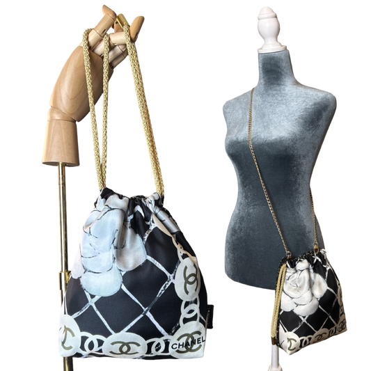 CC Logo Camellia Noir Vintage Scarf Drawstring Crossbody Bag