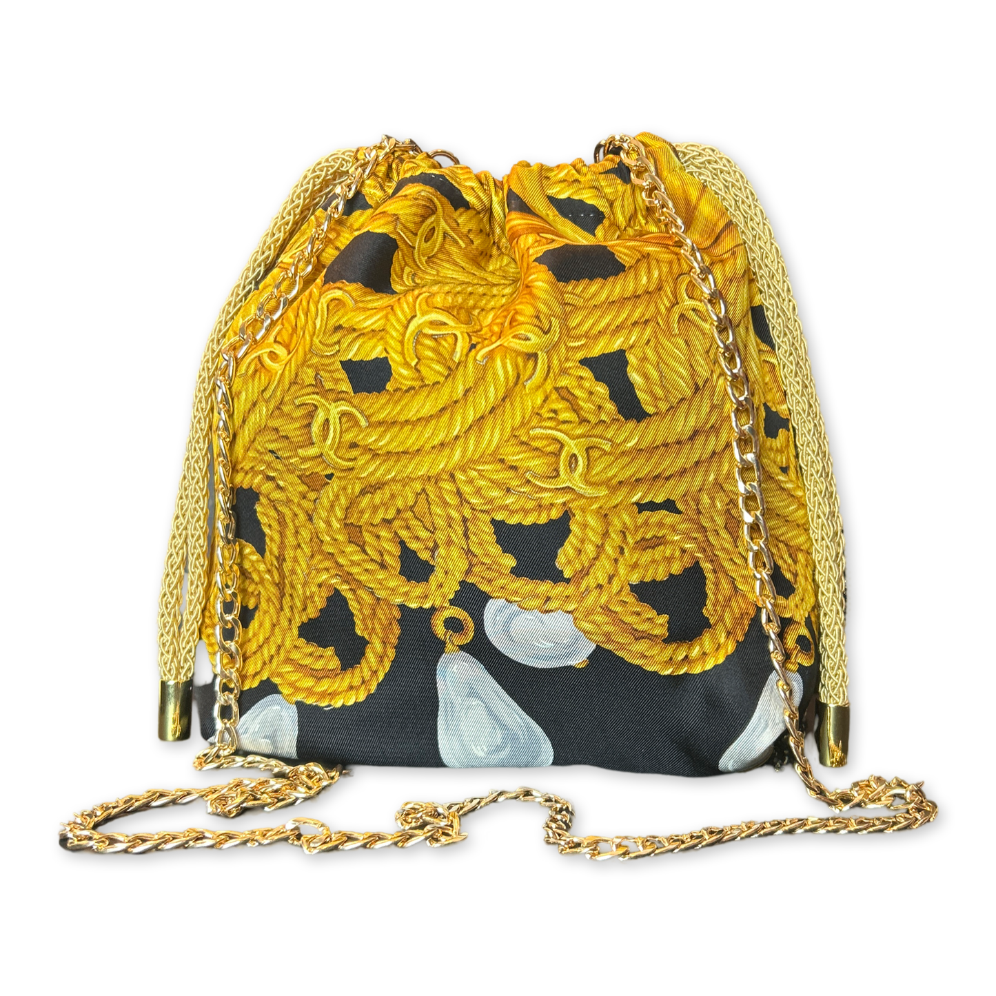 CC Gold Chain Noir Vintage Scarf Drawstring Crossbody Bag