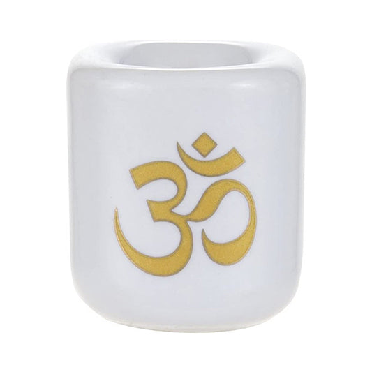 Ceramic Chime Candle Holder - White w/ Gold Om - Concordia Style Boutique