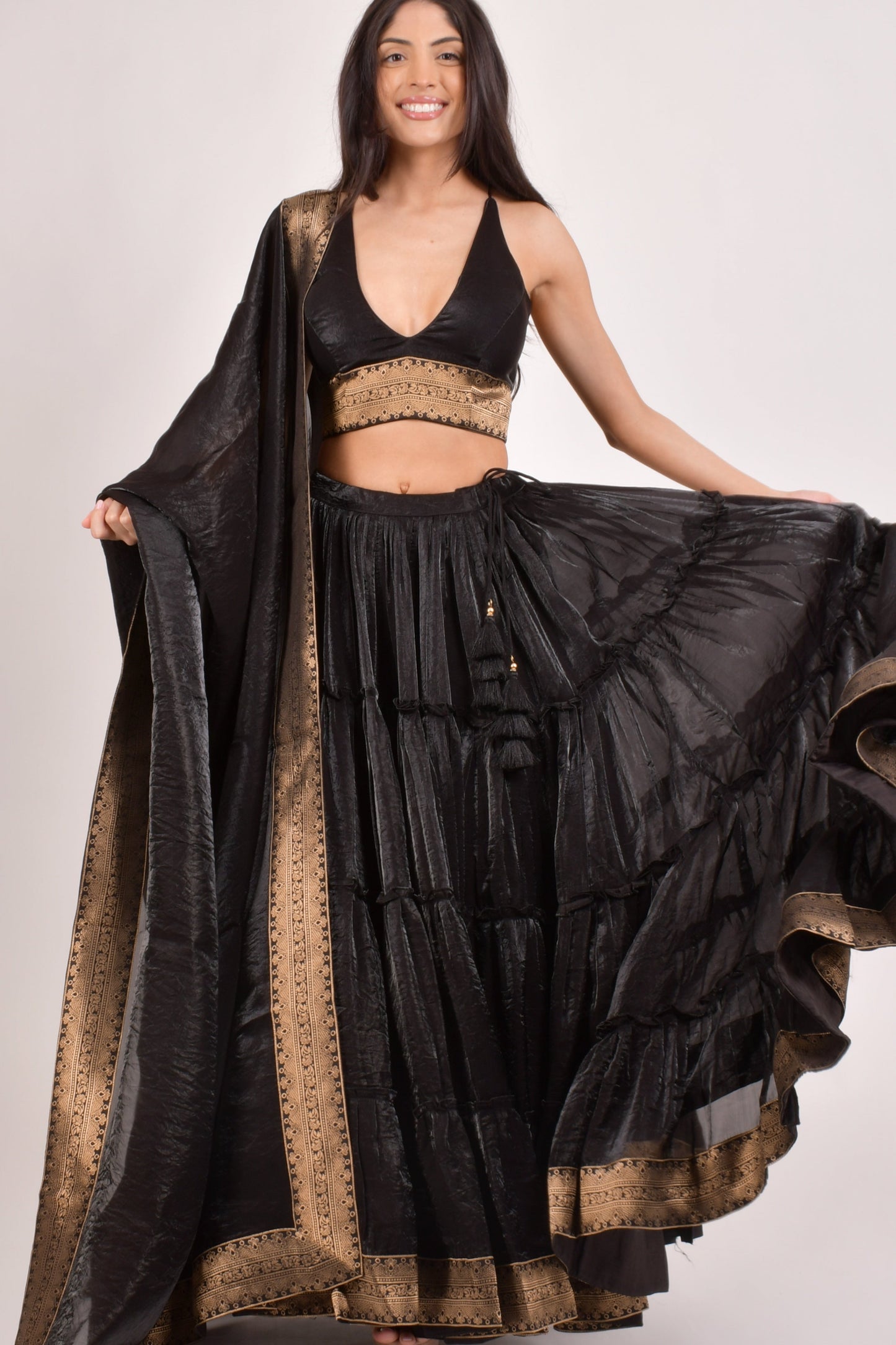 Ciara Black Tiered Lehenga Choli Set