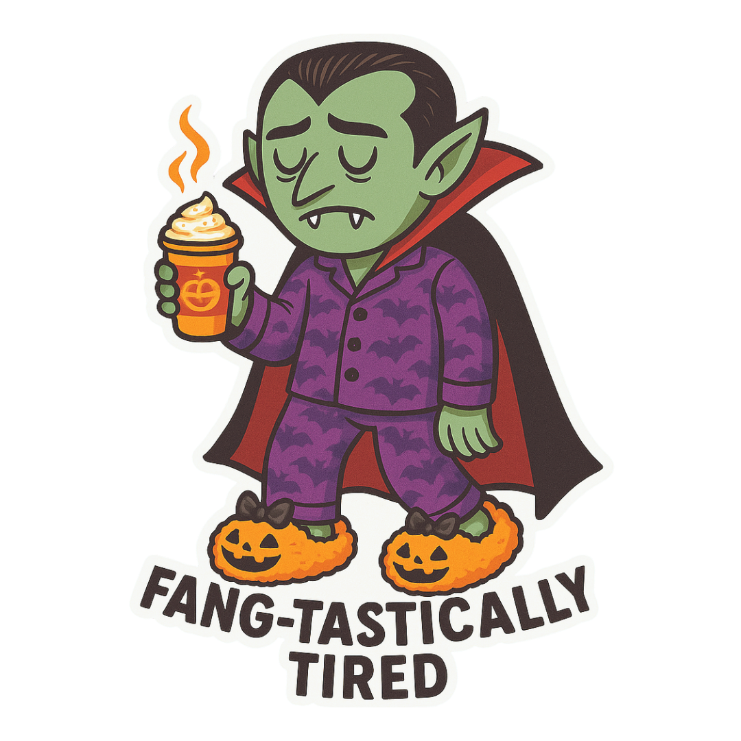 Funny Dracula Halloween Sticker "FANG-TASTICALLY TIRED"