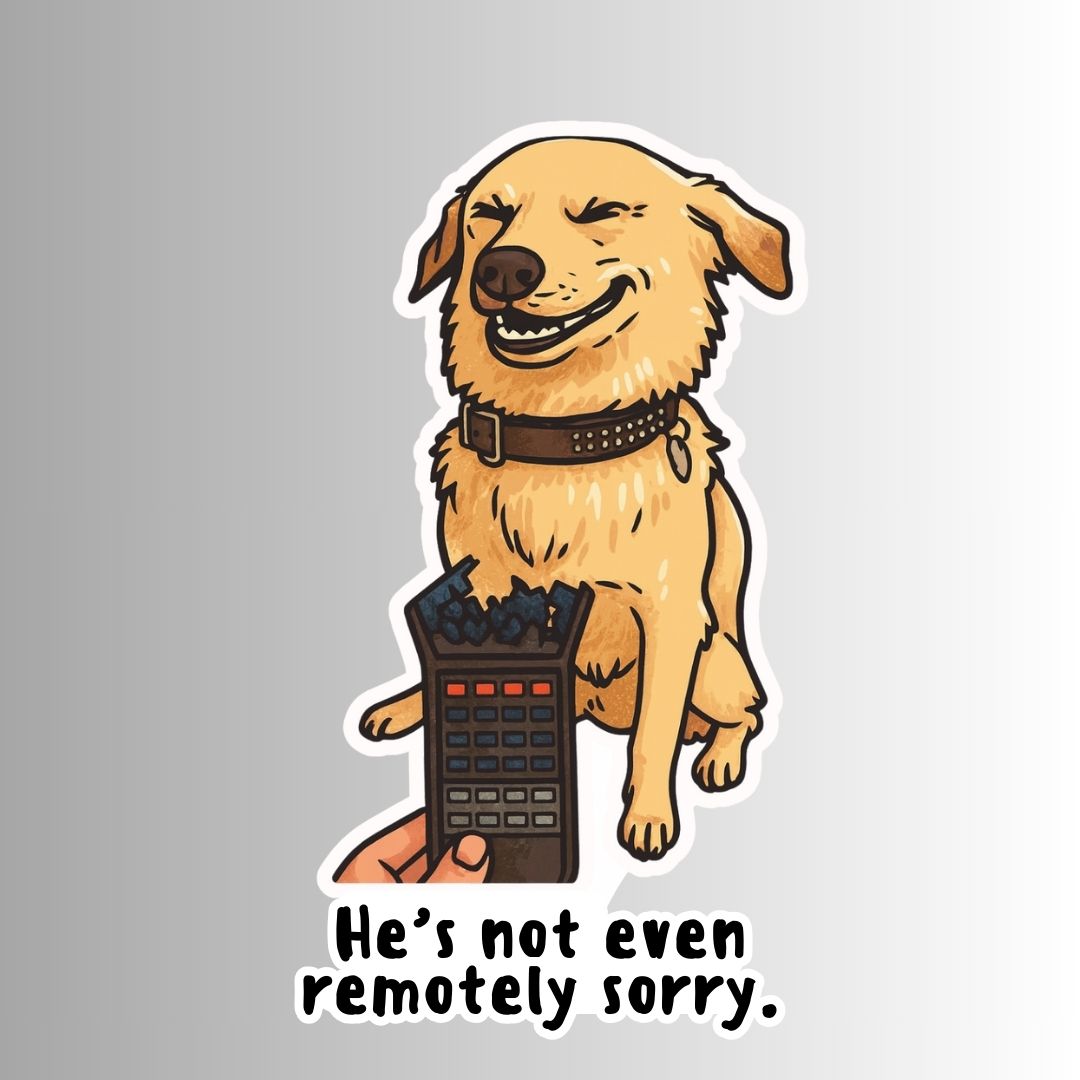 "He's not even remotely sorry." Sarcastic Funny Dog Sticker