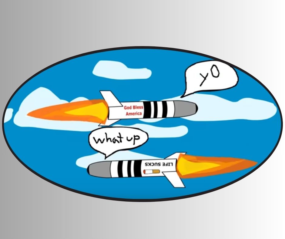 "Nukes Flying Everywhere" End of Ze World Sarcastic Sticker