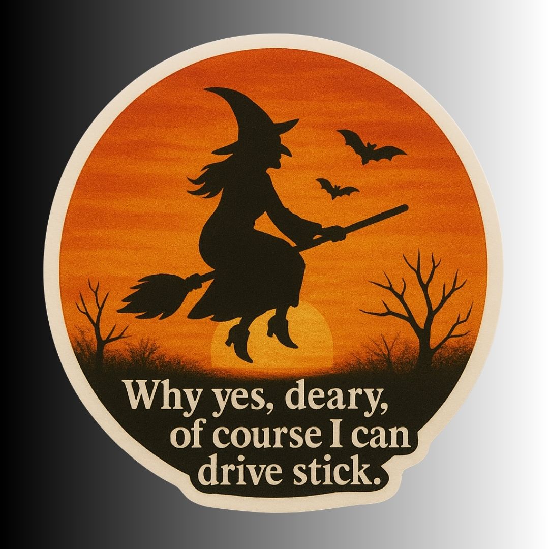 Funny Spooky Witch Halloween Sticker "Witch Driving Stick"