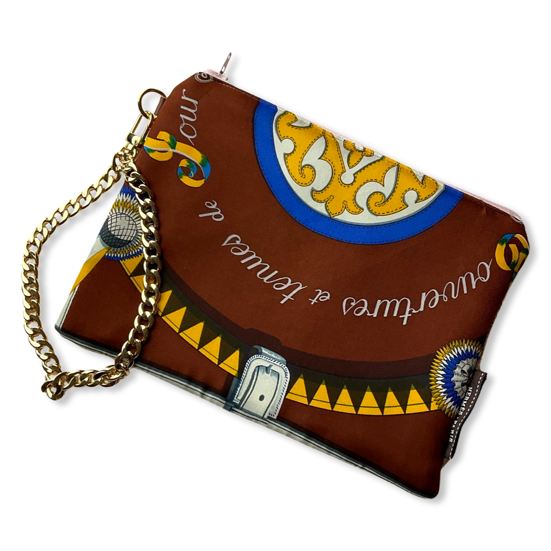 Couvertures et Tenues du Jour Brown Vintage Silk Scarf Wristlet  Bag