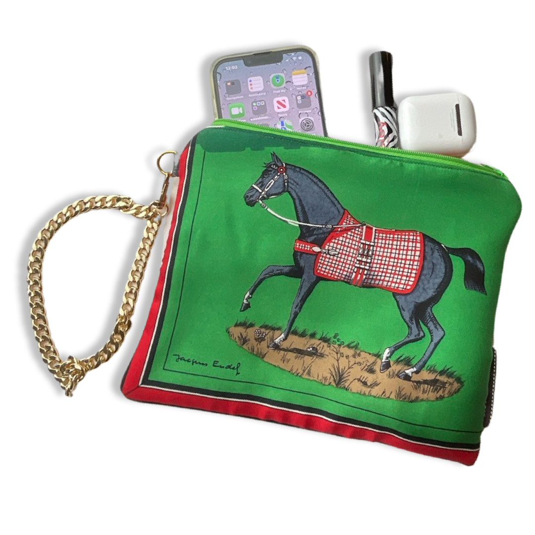 Couvertures et Tenues du Jour Green Vintage Silk Scarf Wristlet Bag