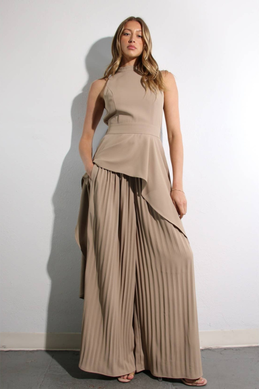 Escape to Milan Taupe Pleated Pants Set