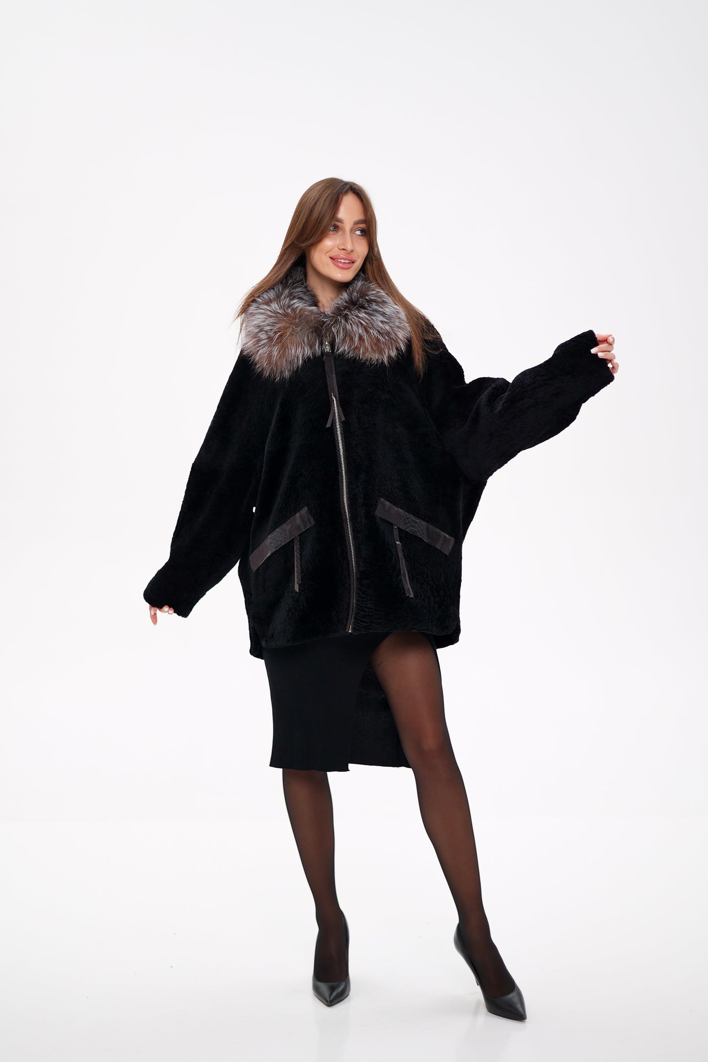 Palermo Genuine Astrakhan Silver Fox Trim Coat