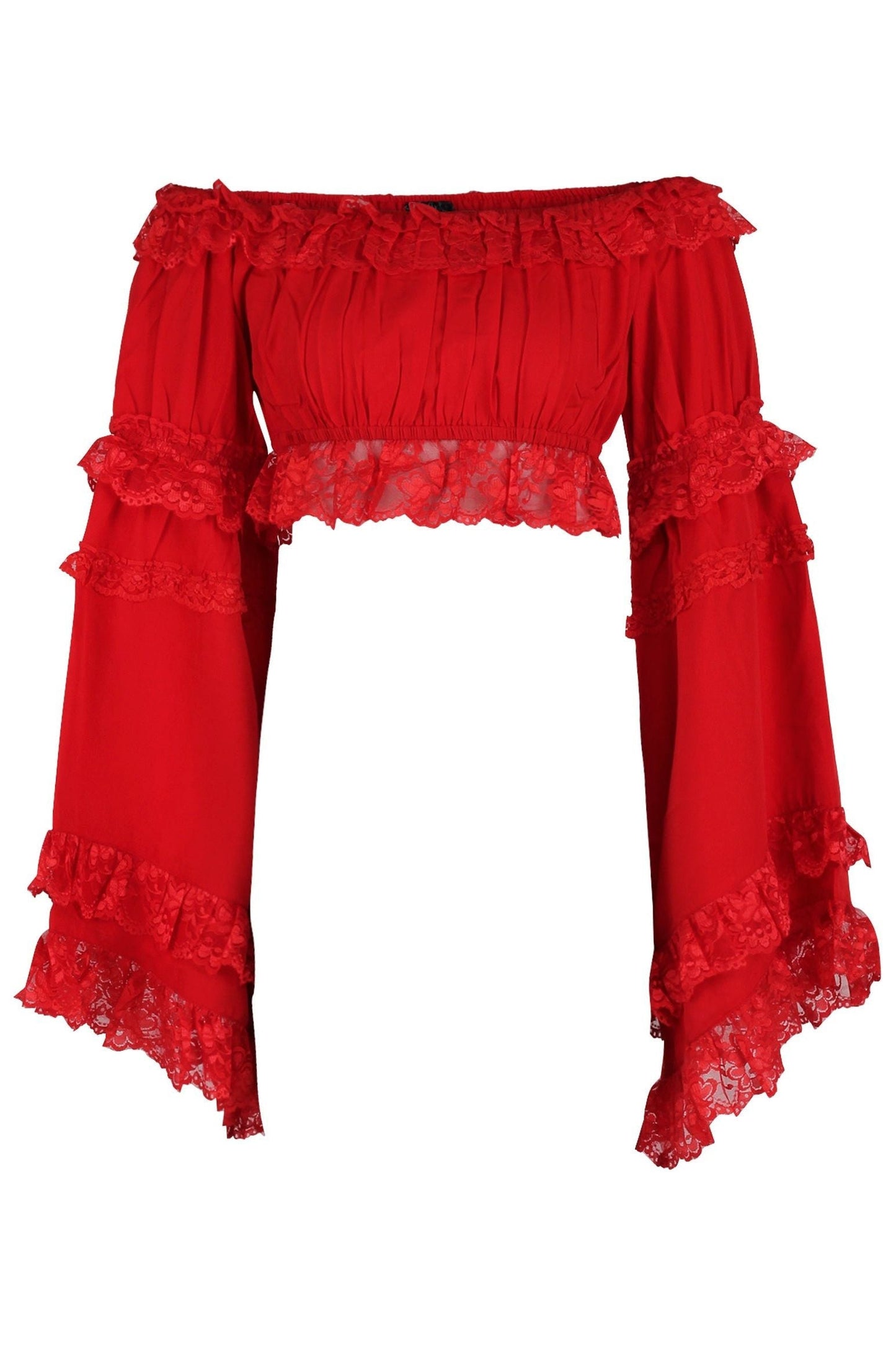Red Smocked Flare Sleeve Peasant Top