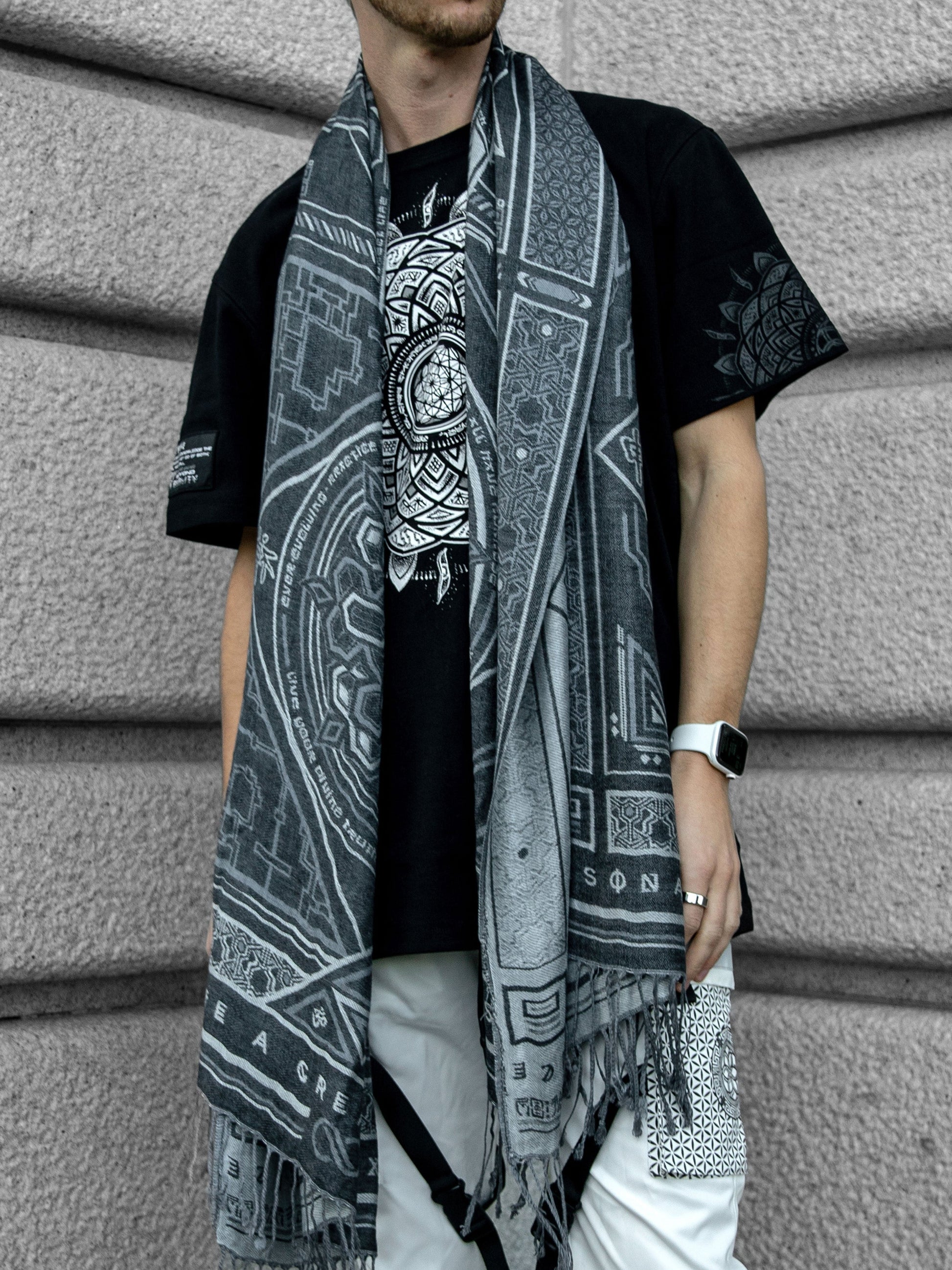 DHARMA V2 • Grey/White • Festival Shawl/Scarf - Concordia Style Boutique