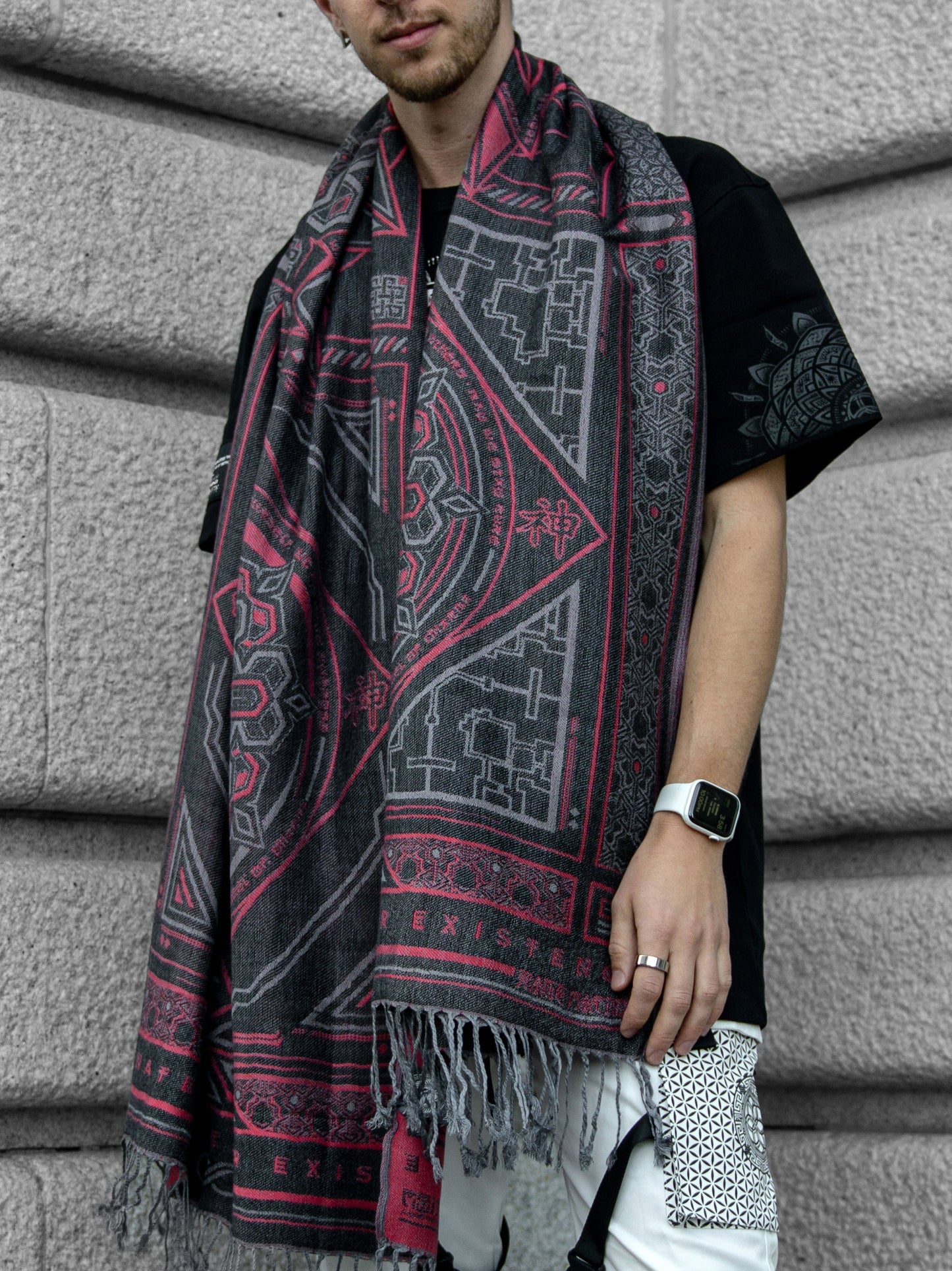 DHARMA V2 • Grey/Red • Festival Shawl/Scarf - Concordia Style Boutique