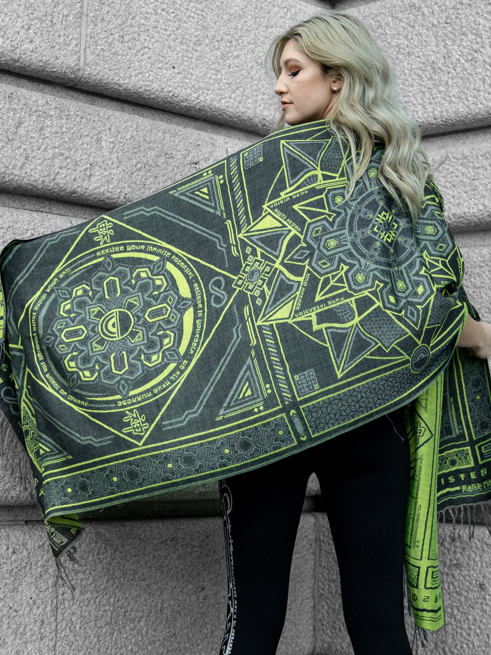 DHARMA V2 • Grey / Neon Yellow • UV REACTIVE • Festival Shawl/Scarf - Concordia Style Boutique