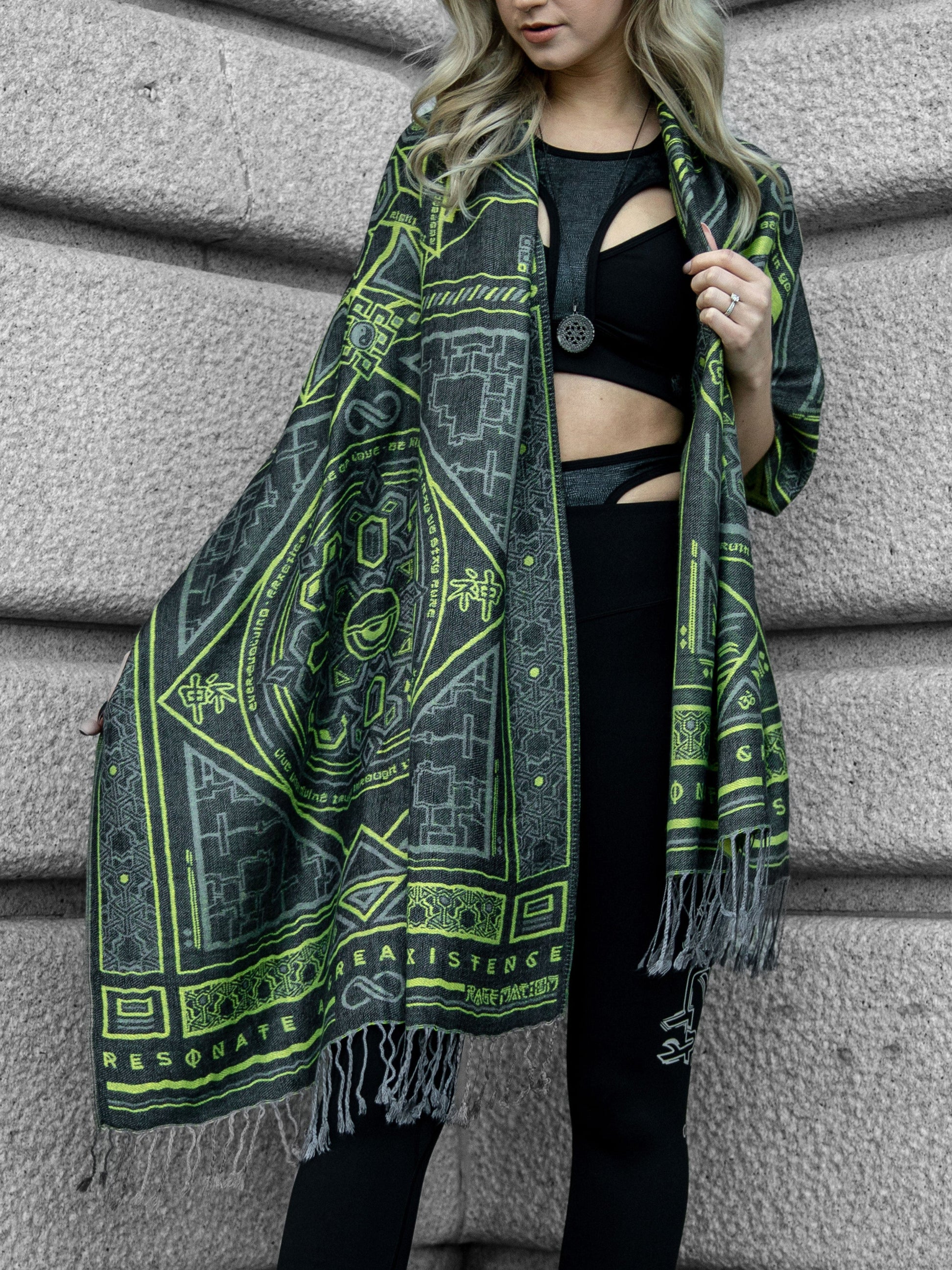 DHARMA V2 • Grey / Neon Yellow • UV REACTIVE • Festival Shawl/Scarf - Concordia Style Boutique