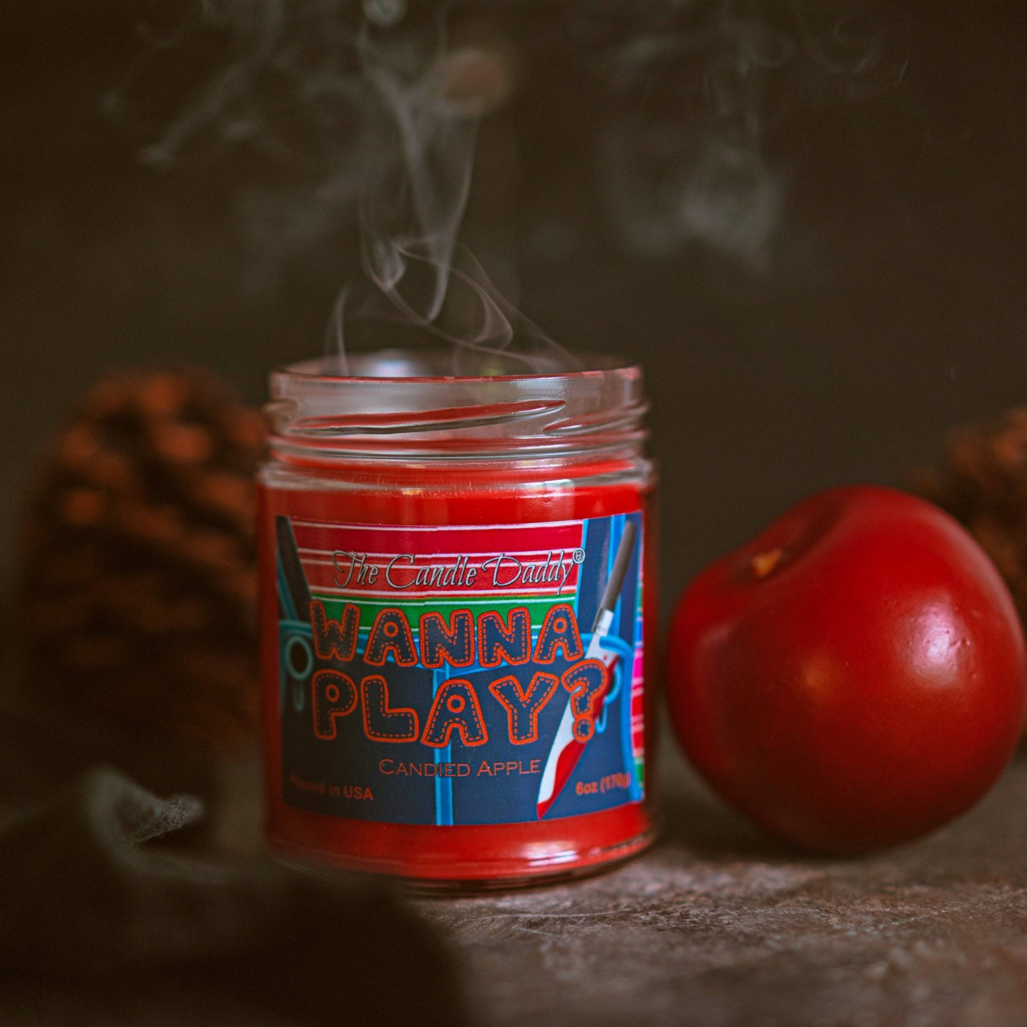 Wanna Play?  - Scary Candied Apple Scented  Horror Movie Candle - Halloween 6 Oz Jar Candle - 40 Hour Burn Time