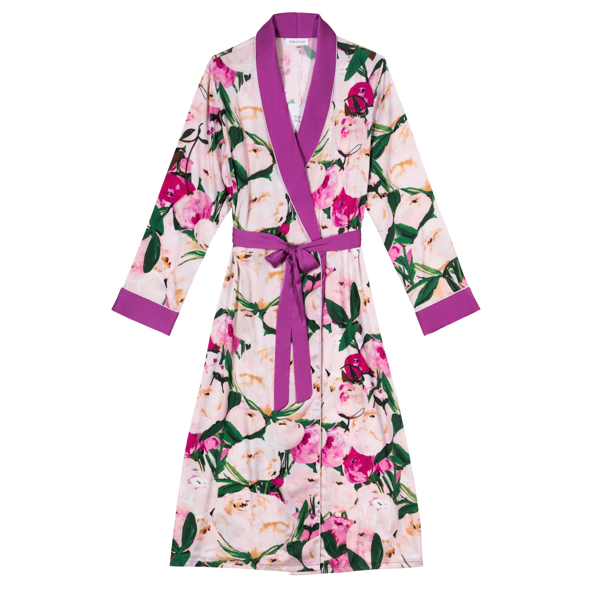 Pink Flower Print Purple Silky Satin Robe With Belt - Concordia Style Boutique
