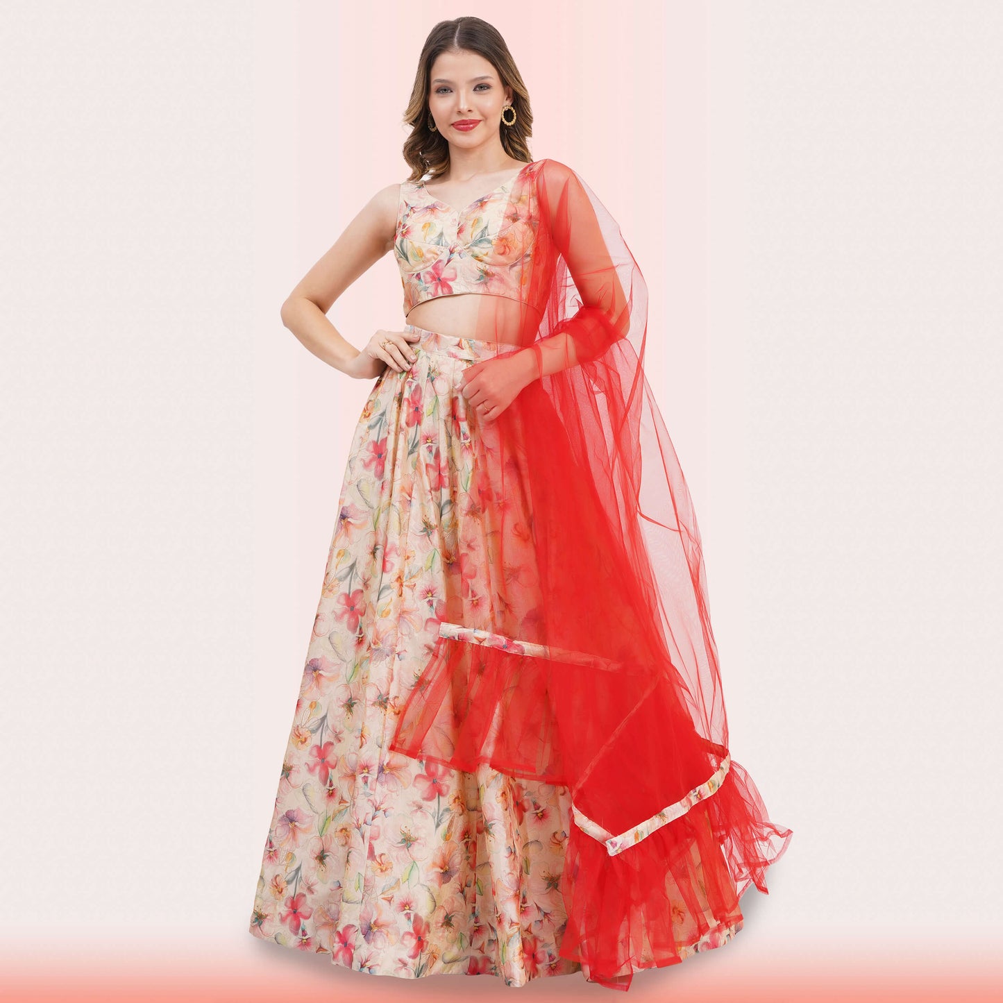 Custom-Designed Floral Lehenga Choli Set with Ruffled Dupatta
