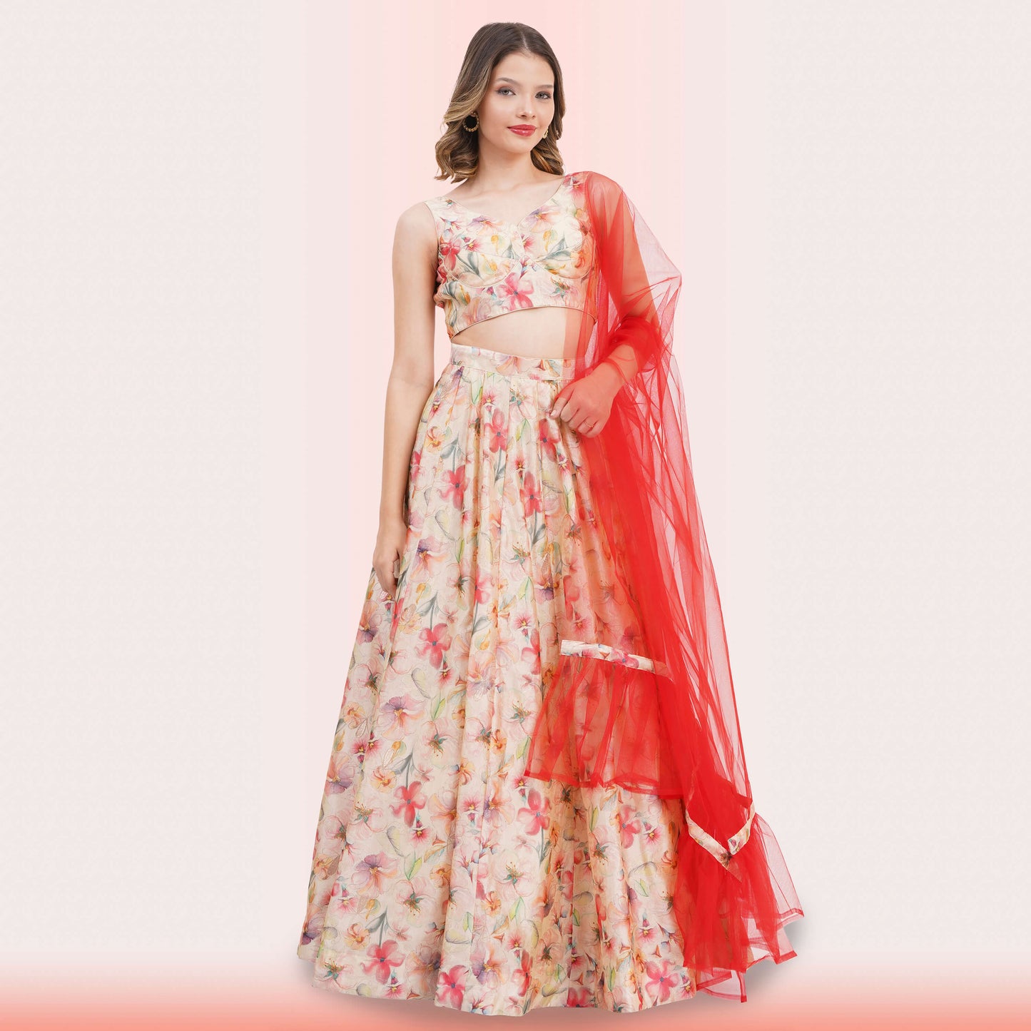 Custom-Designed Floral Lehenga Choli Set with Ruffled Dupatta