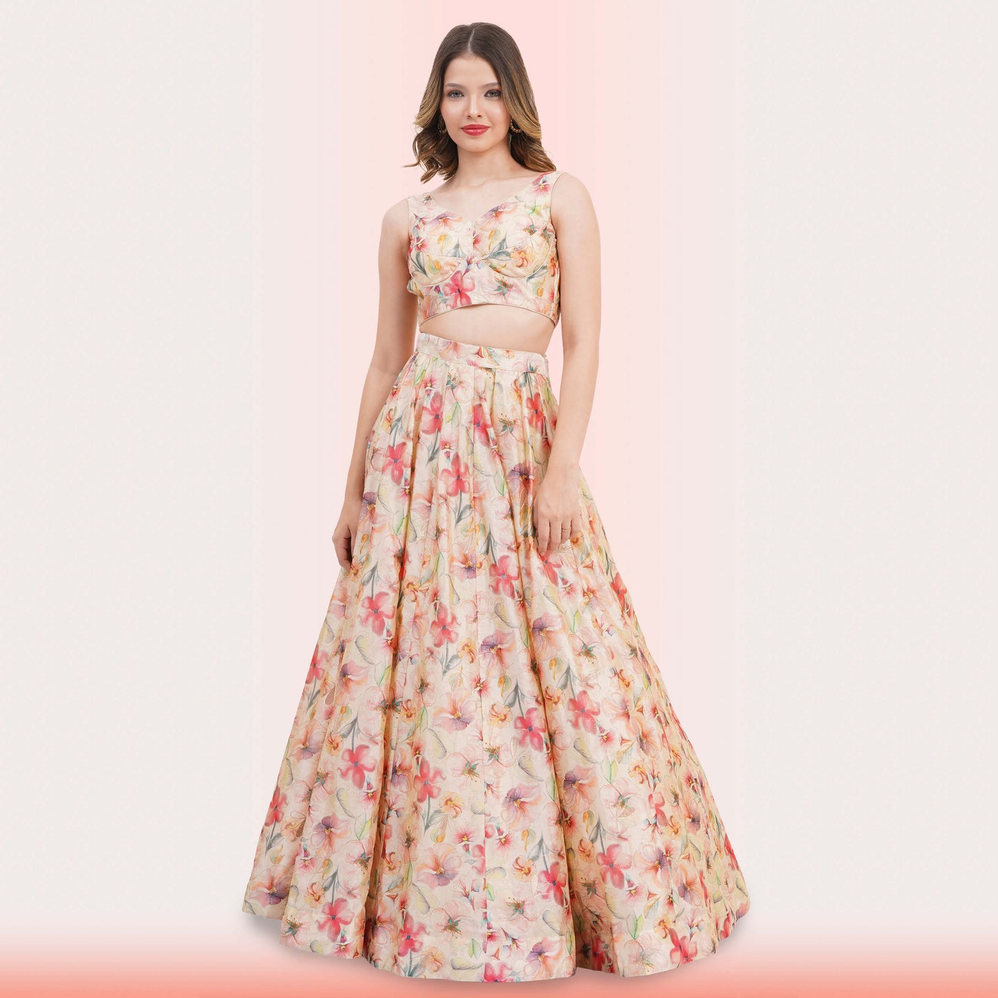Custom-Designed Floral Lehenga Choli Set with Ruffled Dupatta
