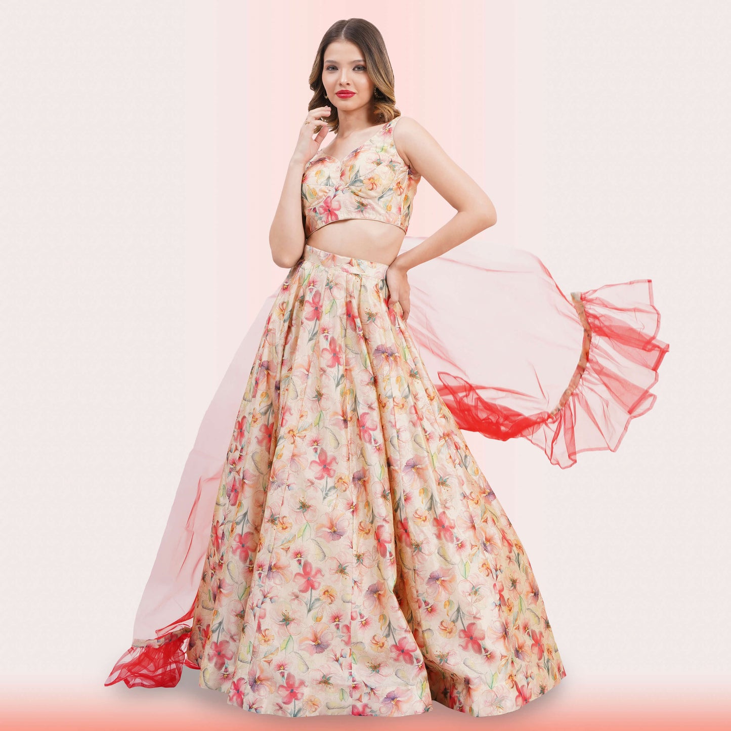 Custom-Designed Floral Lehenga Choli Set with Ruffled Dupatta