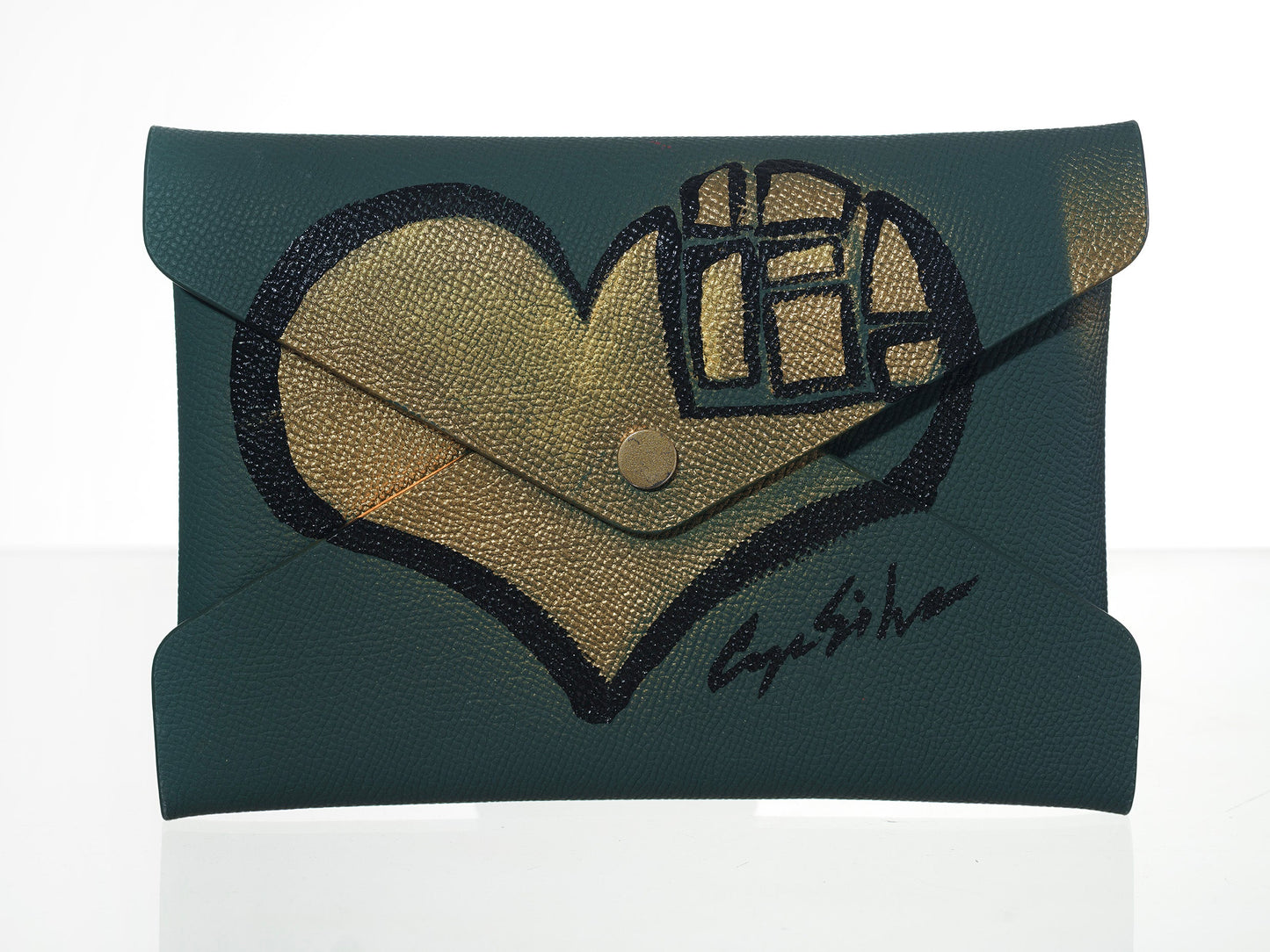Hunter Green Epsom Pochette with Hand-Painted Art (Gold Heart)