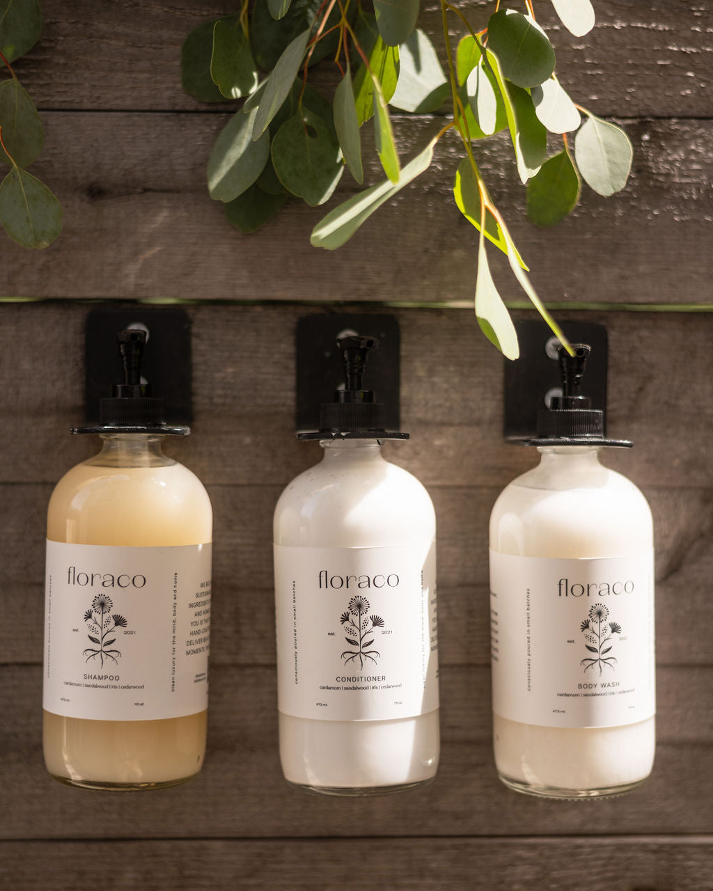 Floraco Refillable Glass Body Wash: Cedarwood, Sandalwood, Iris and Cardamom