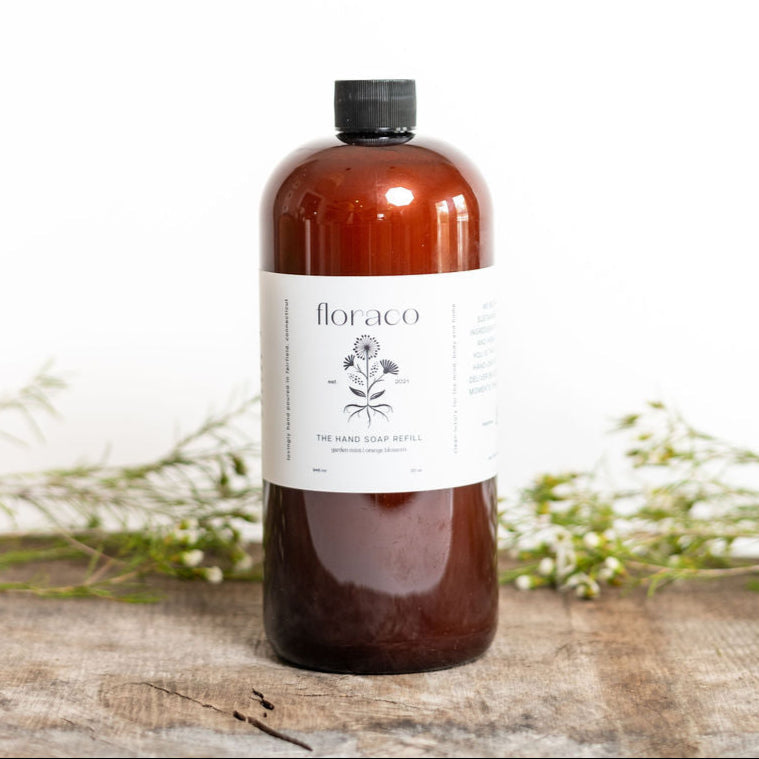 Magnolia Mint Refillable Glass Hand Soap: Wild Mint, Orange Blossom, Eucalyptus, Lemon, Mint + Tomato Leaf Scented