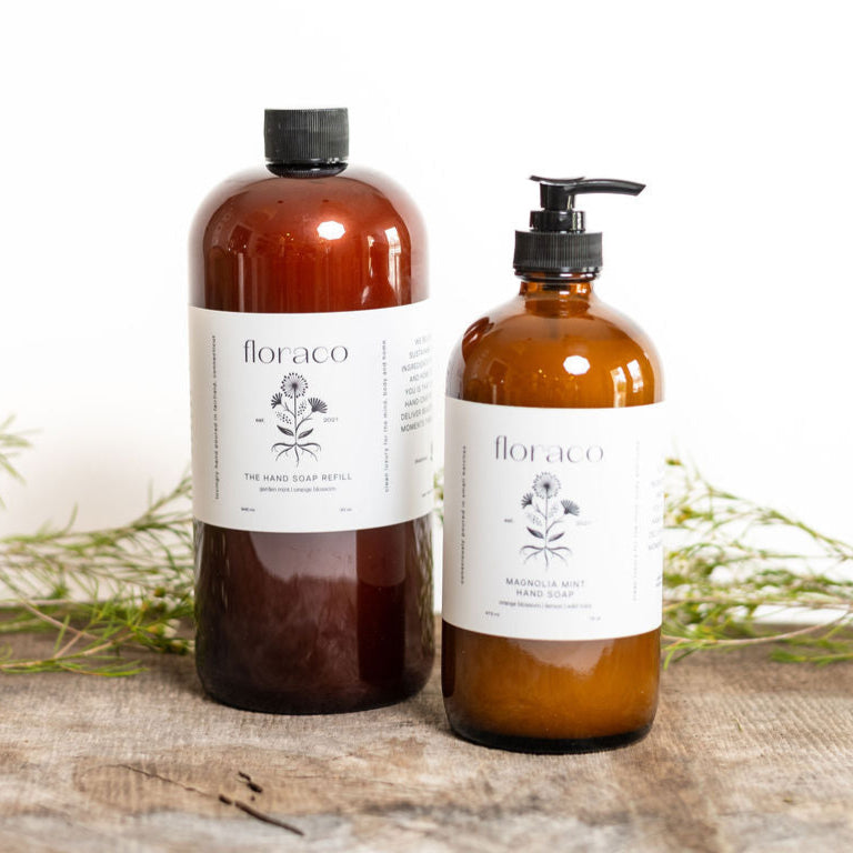 Magnolia Mint Refillable Glass Hand Soap: Wild Mint, Orange Blossom, Eucalyptus, Lemon, Mint + Tomato Leaf Scented