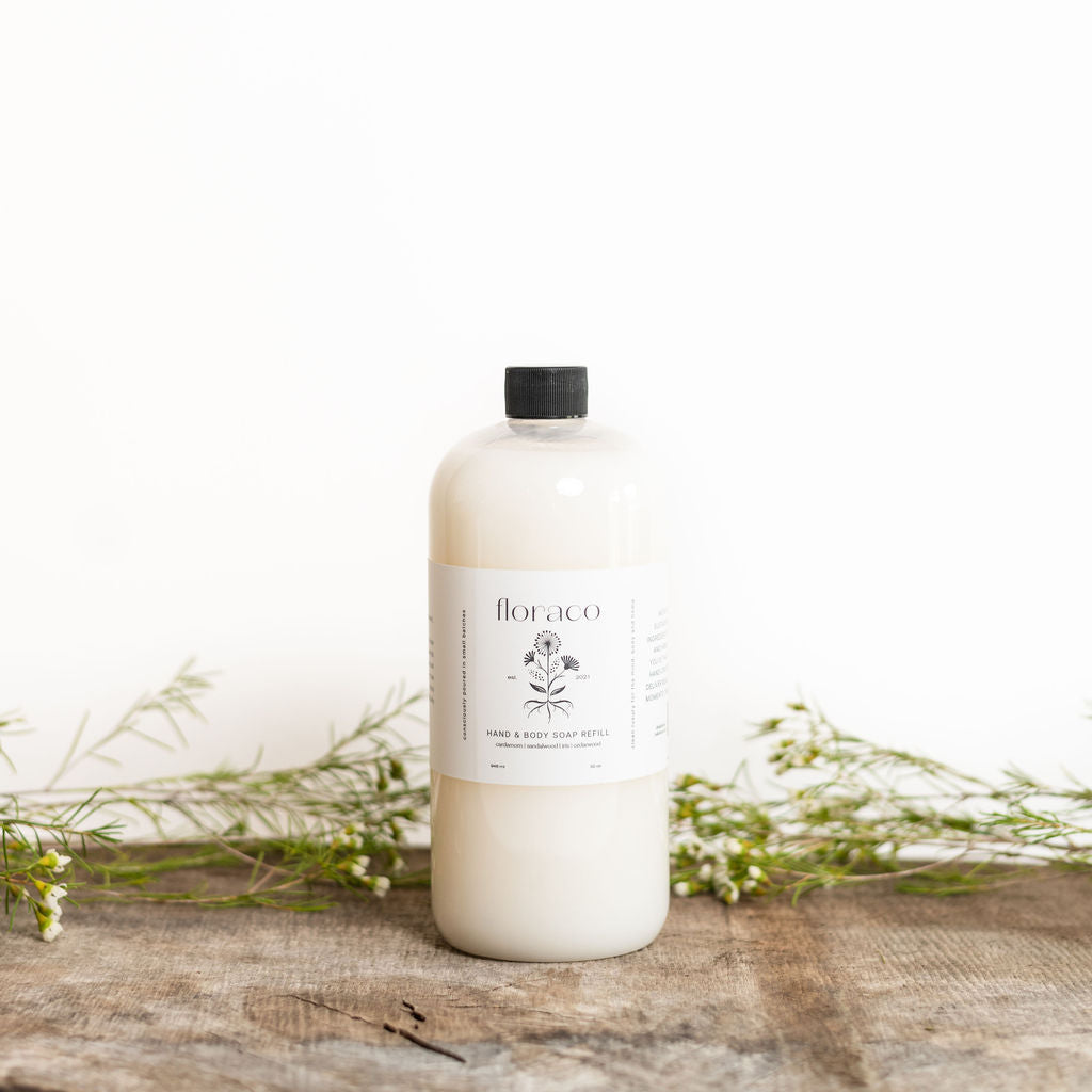 Floraco Refillable Glass Hand Soap: Cedarwood, Sandalwood, Iris and Cardamom