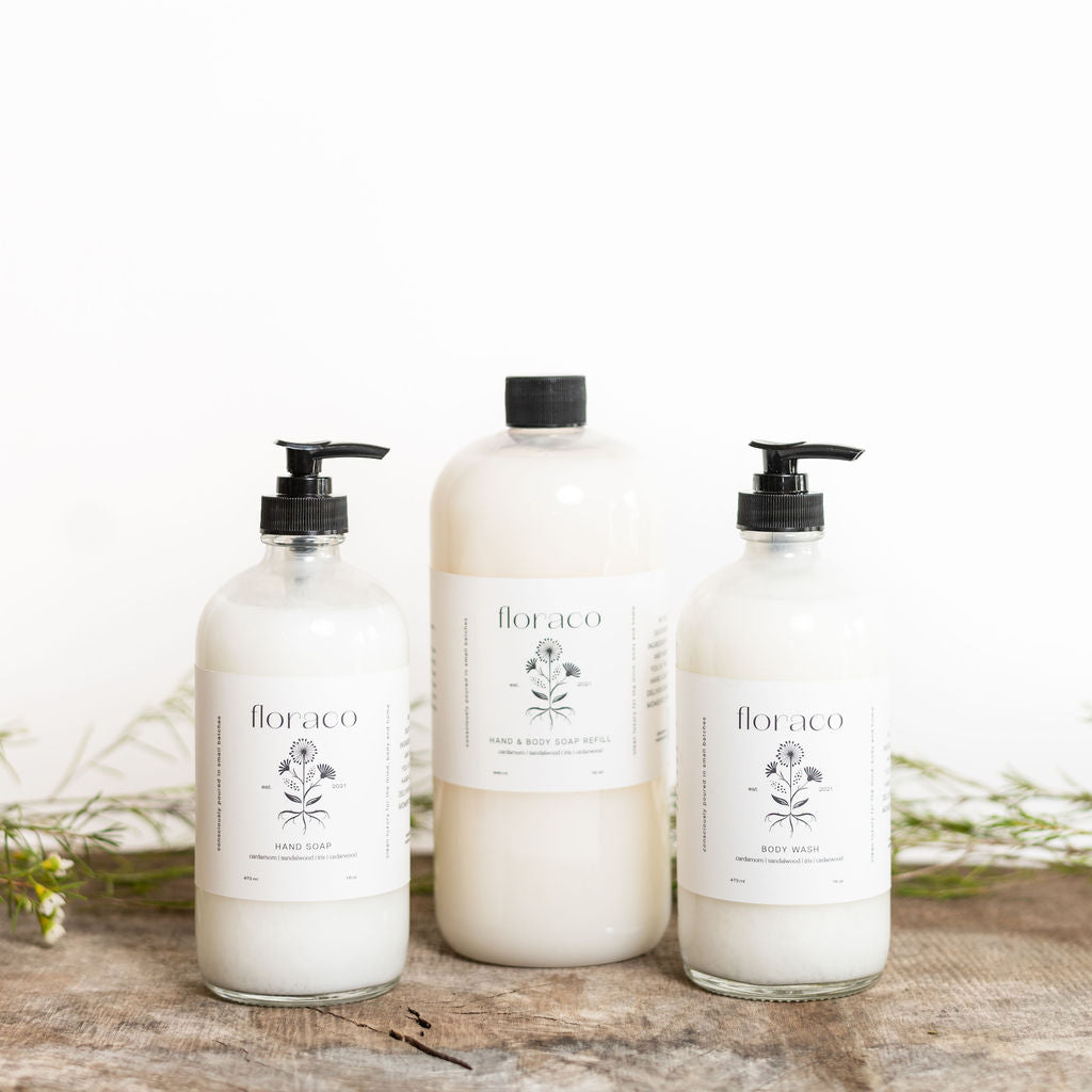 Floraco Refillable Glass Hand Soap: Cedarwood, Sandalwood, Iris and Cardamom