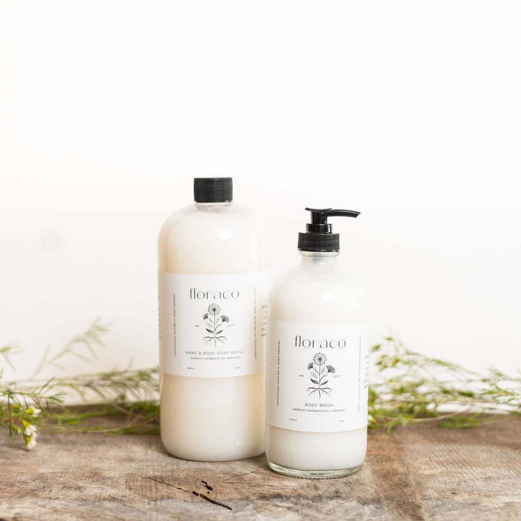 Floraco Refillable Glass Hand Soap: Cedarwood, Sandalwood, Iris and Cardamom