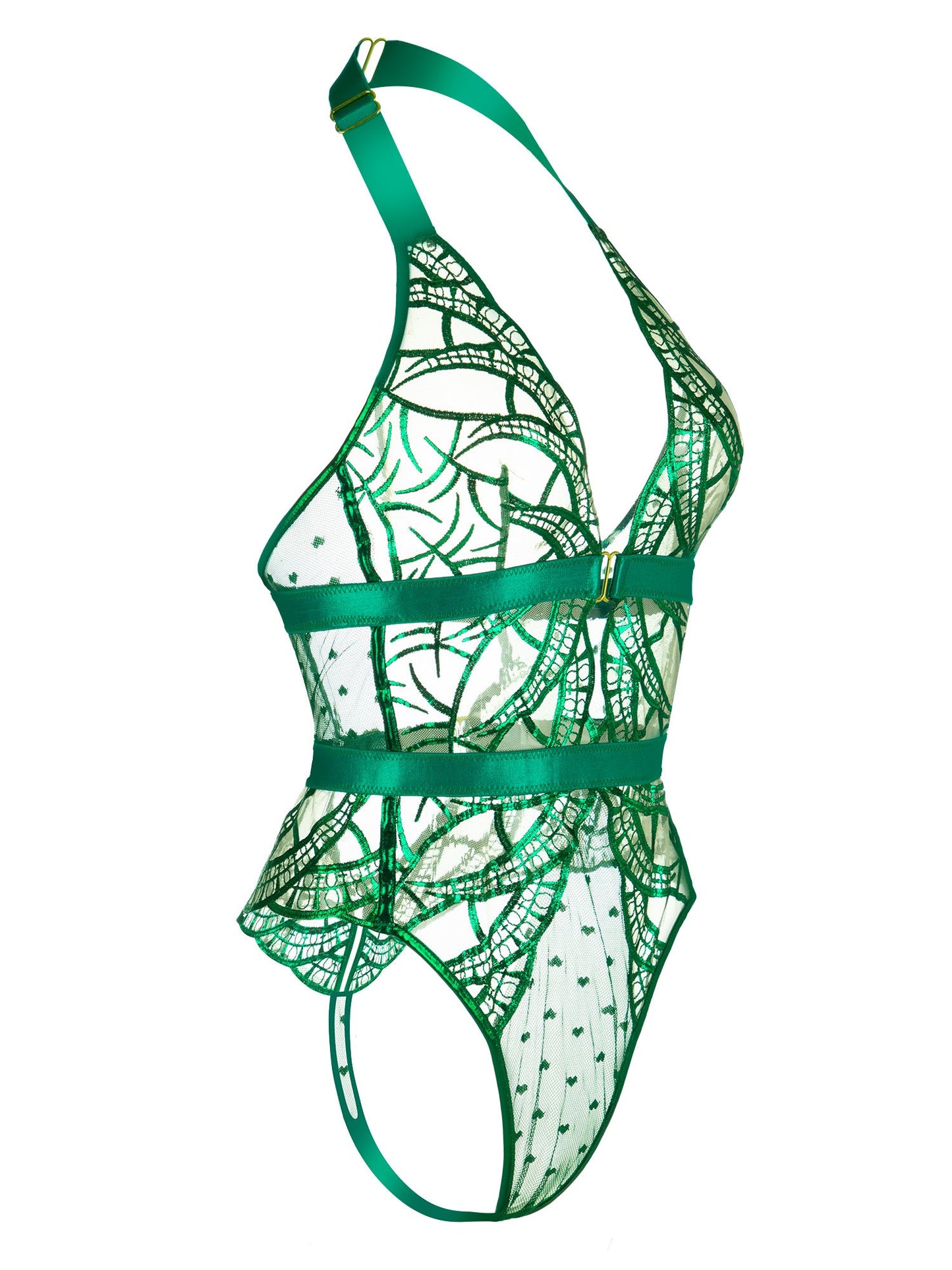 Green Foil Lace Seductive Sheer Bodysuit - Concordia Style Boutique