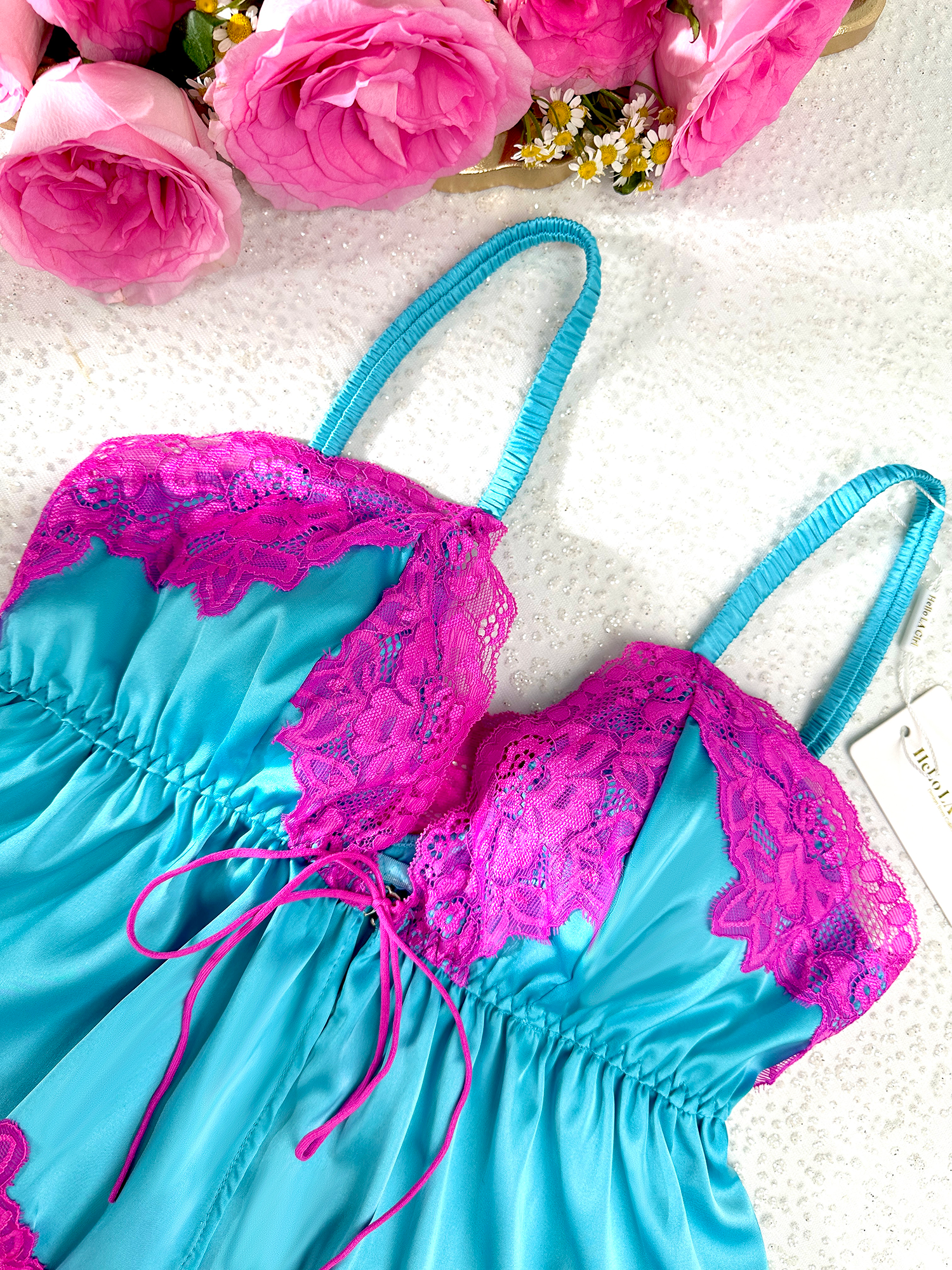 Pink Lace & Blue Silk Contrast Lingerie Set - Concordia Style Boutique