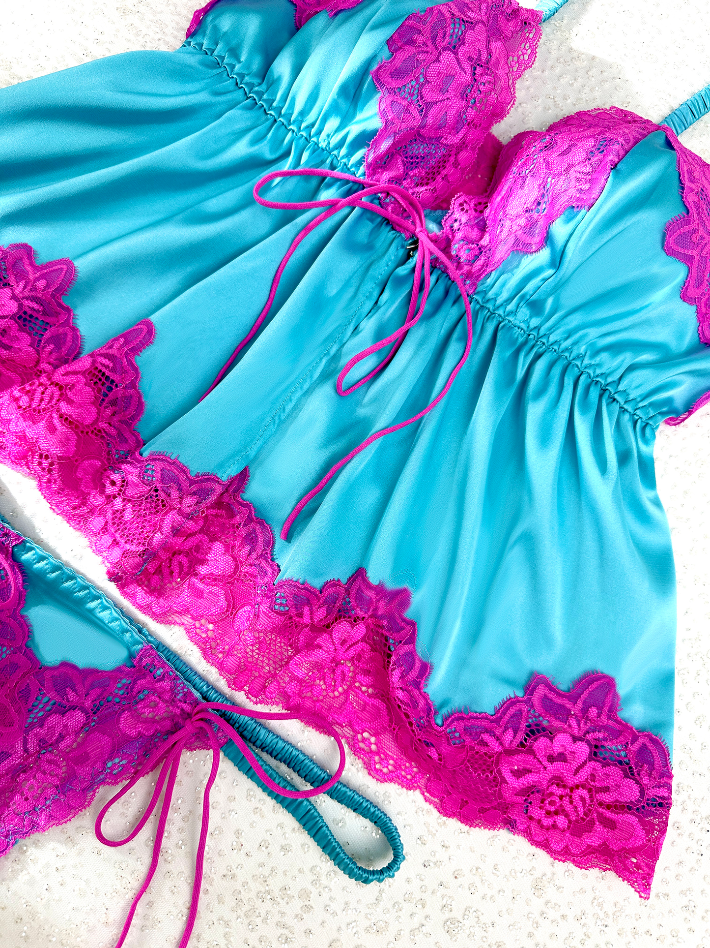 Pink Lace & Blue Silk Contrast Lingerie Set - Concordia Style Boutique
