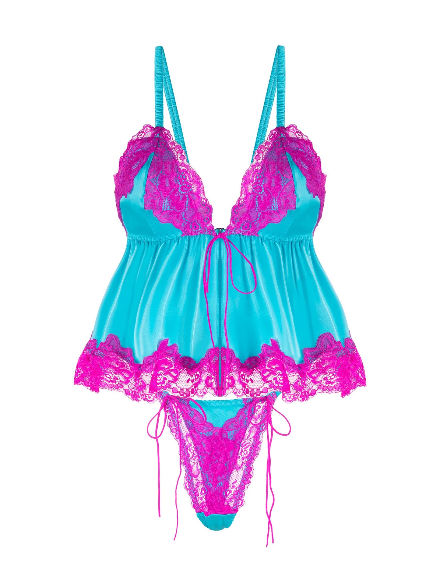 Pink Lace & Blue Silk Contrast Lingerie Set - Concordia Style Boutique
