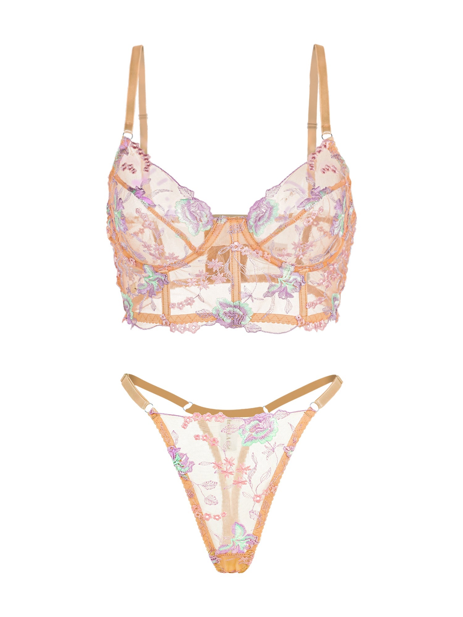 Champagne Floral Sexy Sheer Embroidered Lingerie Set - Concordia Style Boutique