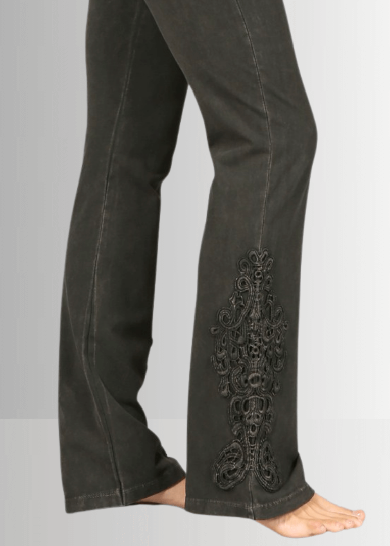 Mineral Washed Bootcut Jeggings Crochet Detail in Dark Moss Green - Concordia Style Boutique