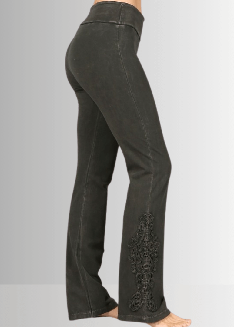Mineral Washed Bootcut Jeggings Crochet Detail in Dark Moss Green - Concordia Style Boutique