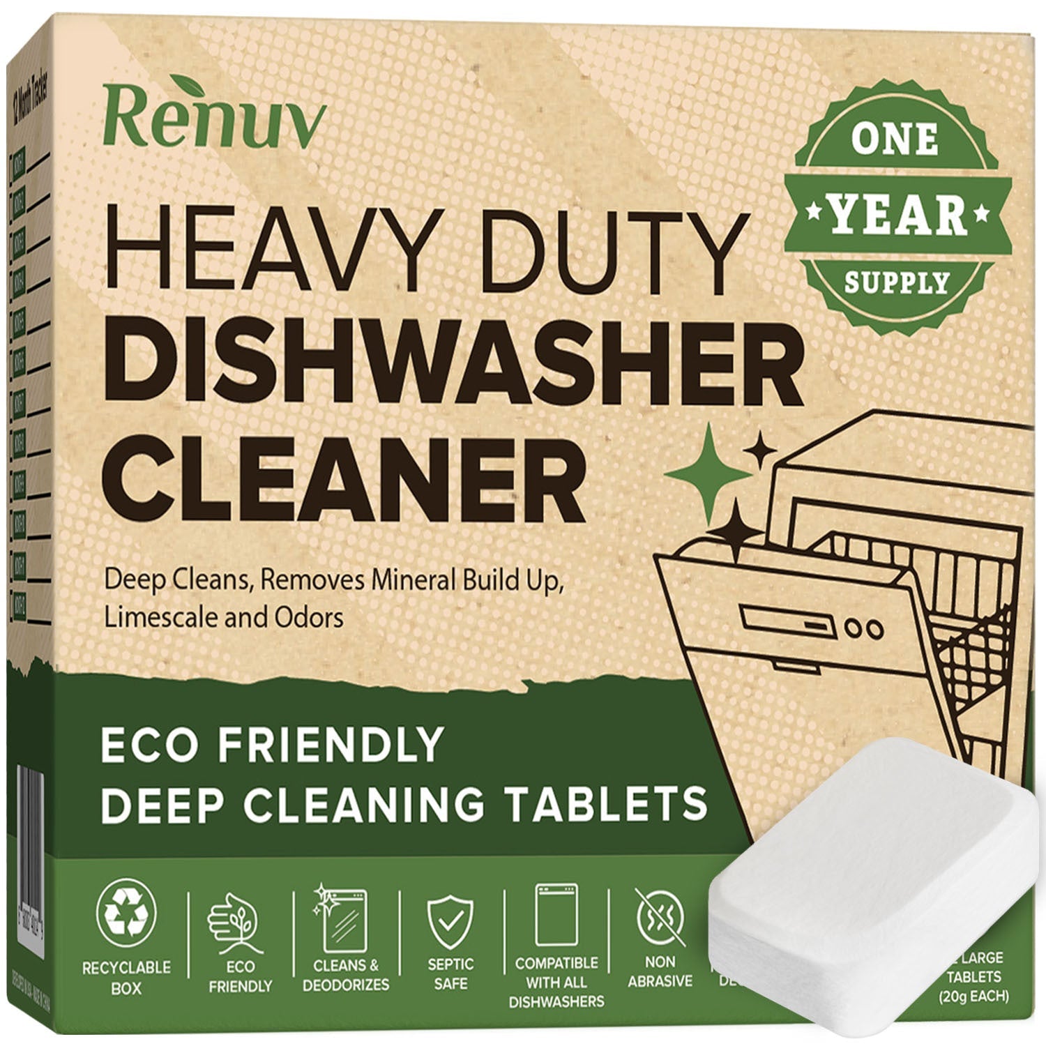 Dishwasher Cleaner and Deodorizer Tablets, Heavy Duty Deep Cleaning Descaler Removes Odor, Calcium, Limescale, Hard Water Marks - 1 Year Supply - Premium Dishwasher Cleaner from Renuv - Just $18.99! Shop now at Concordia Style Boutique