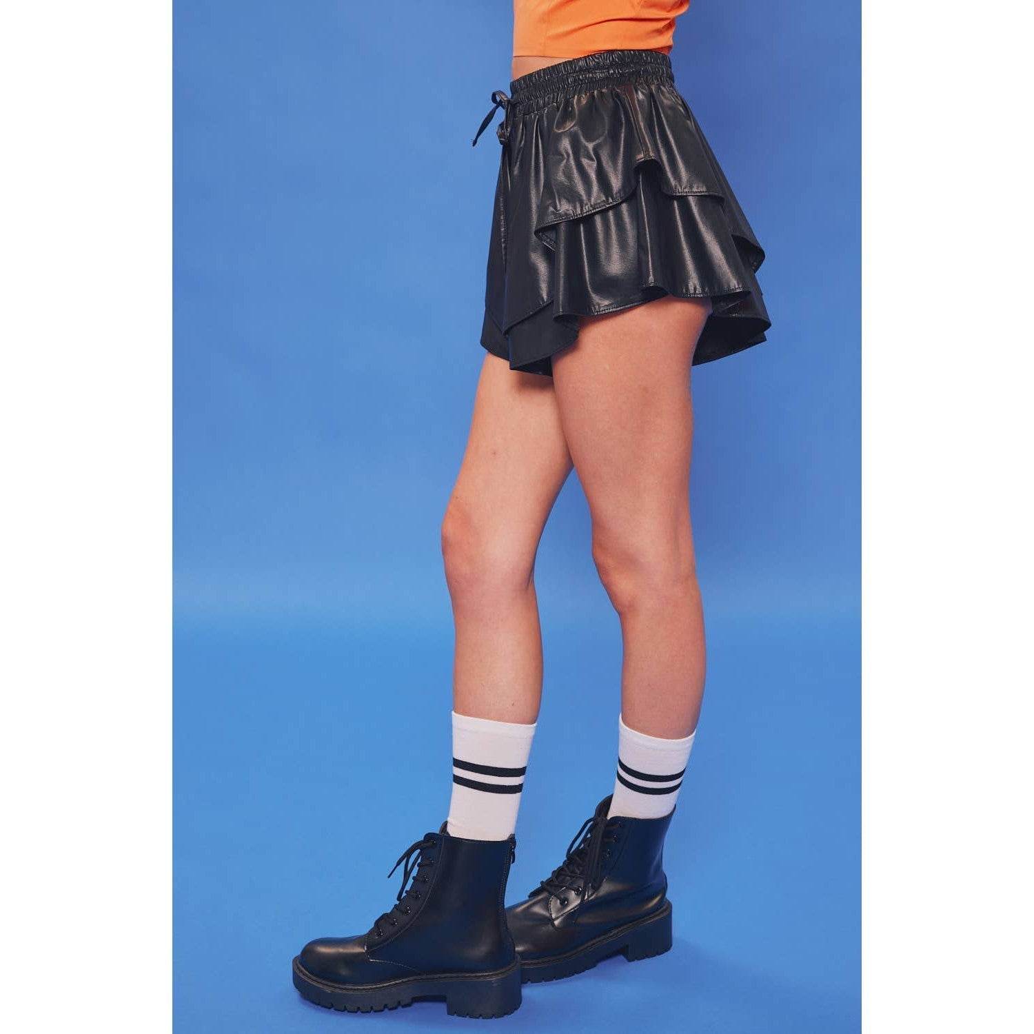 [Size S-L] Drawstring Waisted Tiered Ruffle Faux Leather Shorts Skort in Black - Concordia Style Boutique
