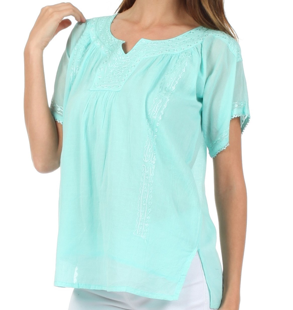 Sakkas Embroidered 100% Cotton Semi-Sheer Short Sleeve Gauzy Top / Blouse - Concordia Style Boutique