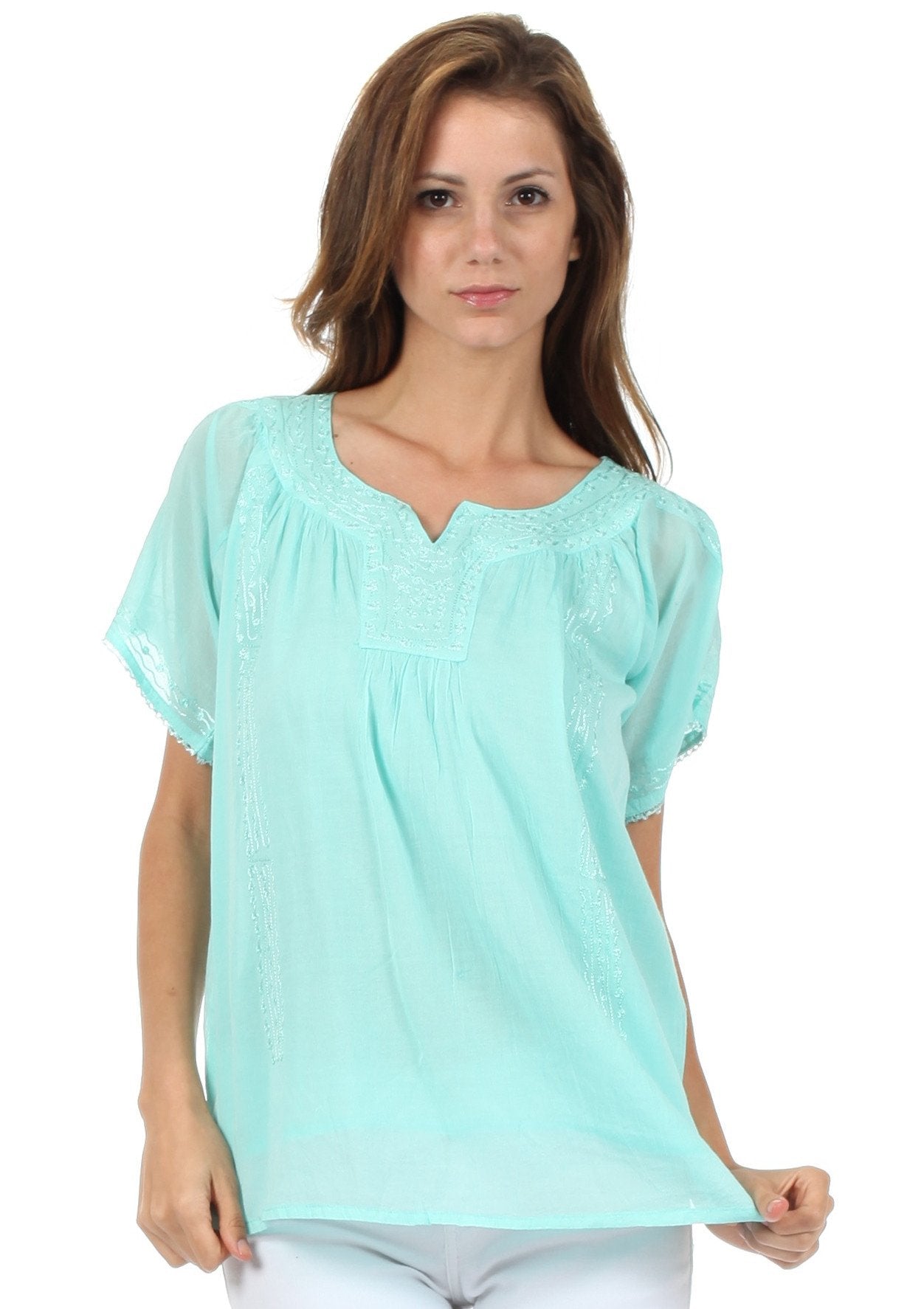Sakkas Embroidered 100% Cotton Semi-Sheer Short Sleeve Gauzy Top / Blouse - Concordia Style Boutique